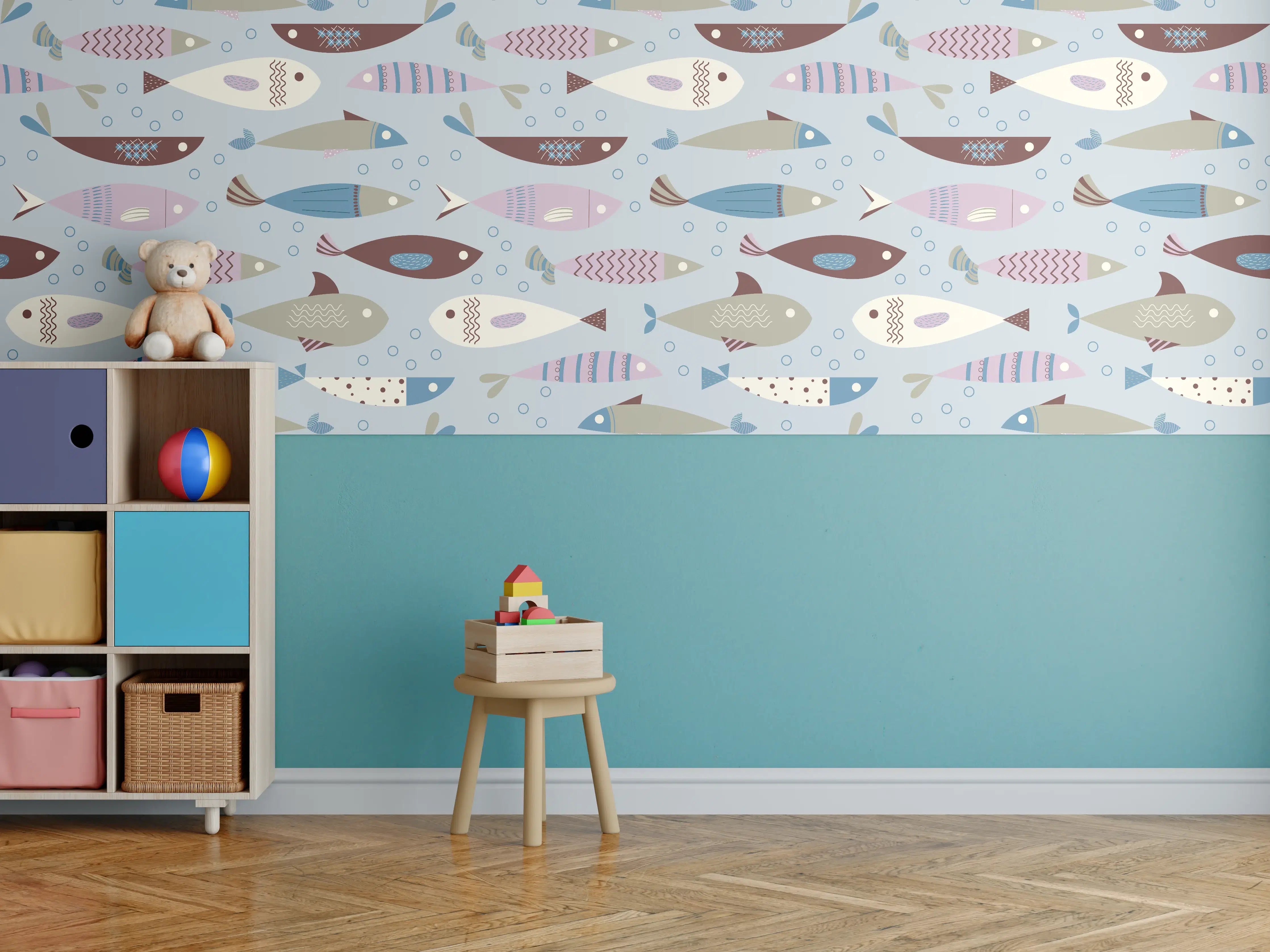 Kinderzimmer Wandgestaltung - Pastell-Fischmuster Blau Beige