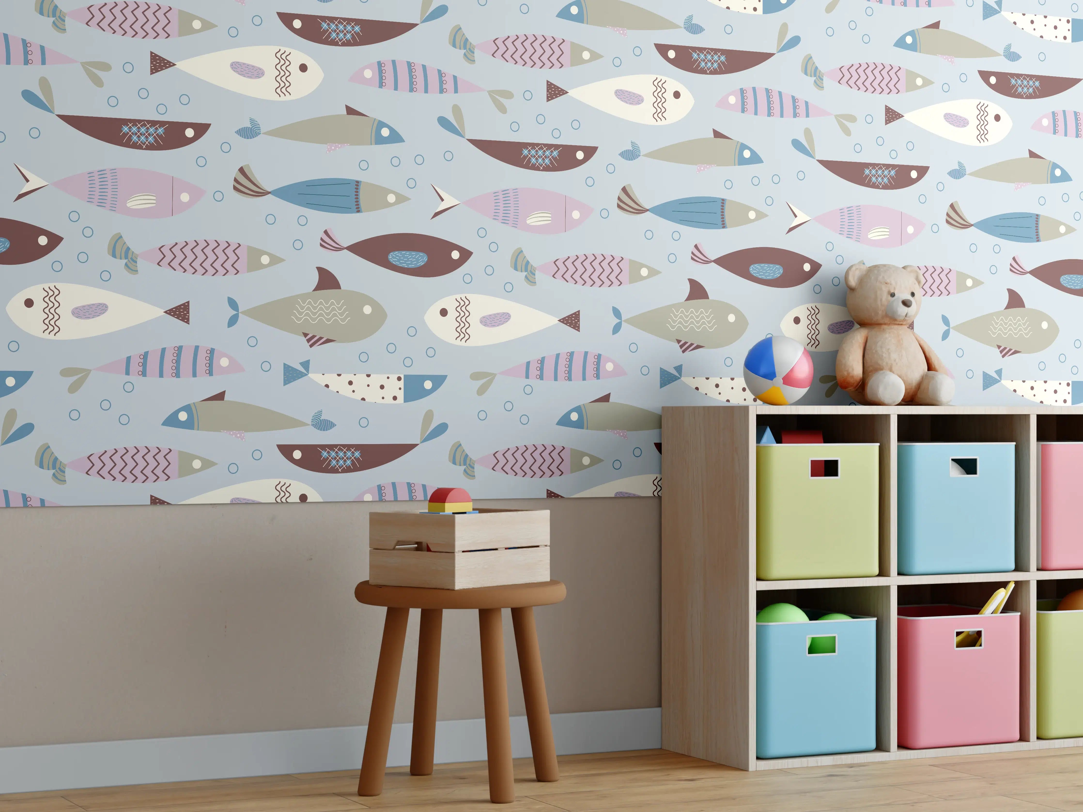 Kinderzimmer Wandgestaltung - Pastell-Fischmuster Blau Beige
