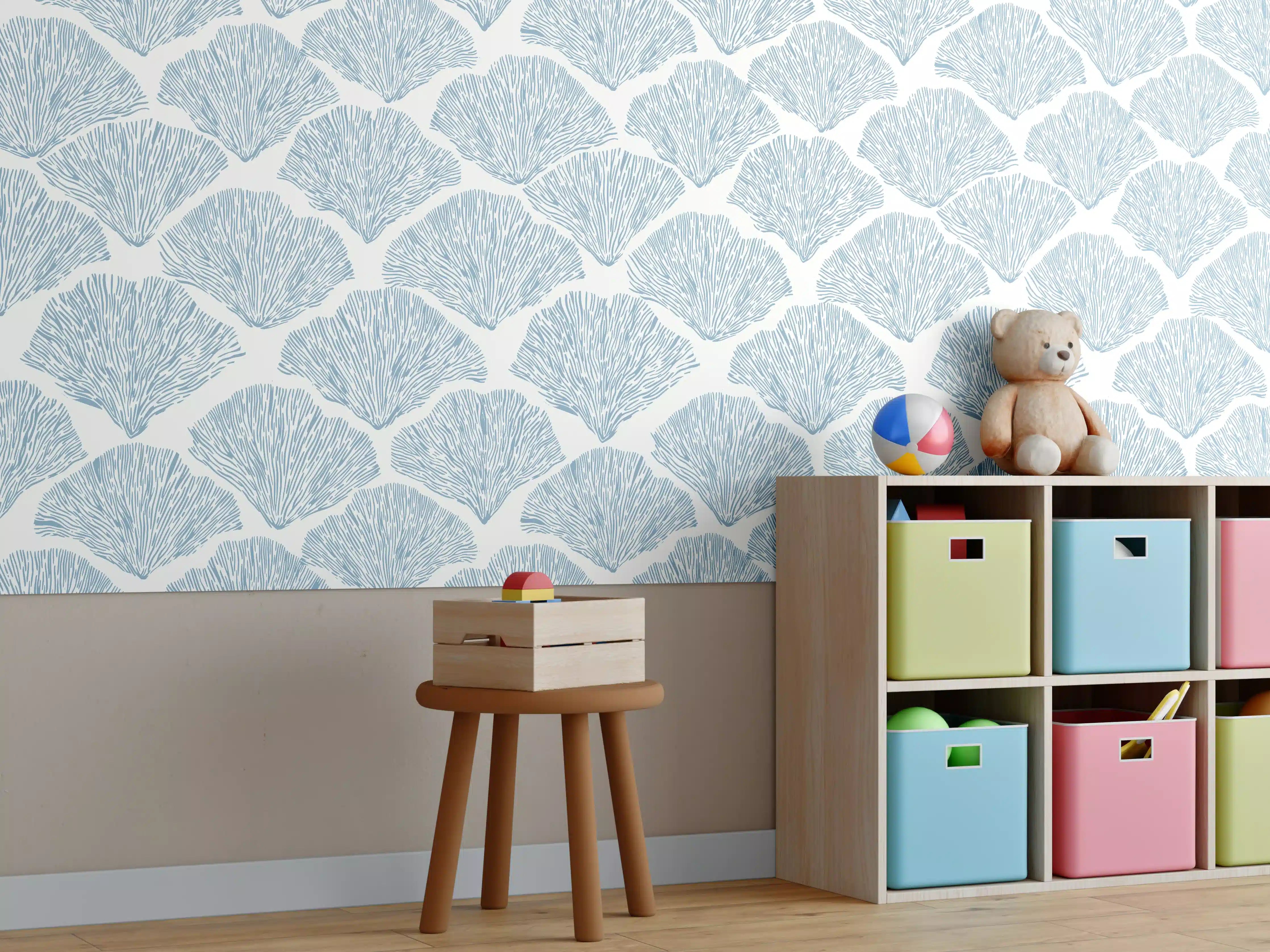 Kinderzimmer Wandgestaltung - Pastellblaues Korallenfächer-Muster