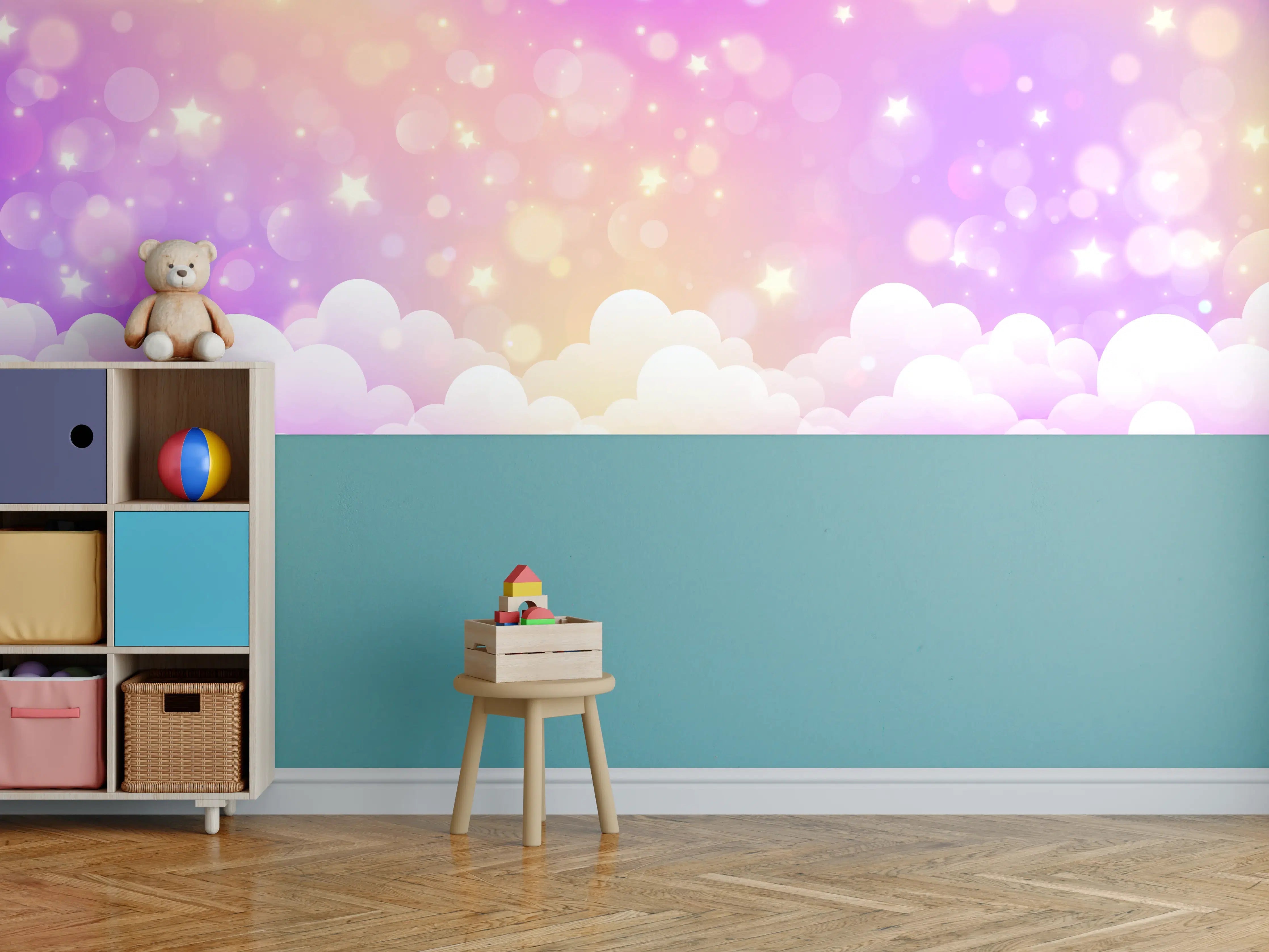Kinderzimmer Wandgestaltung - Pastellfarben Himmel mit Sternchen