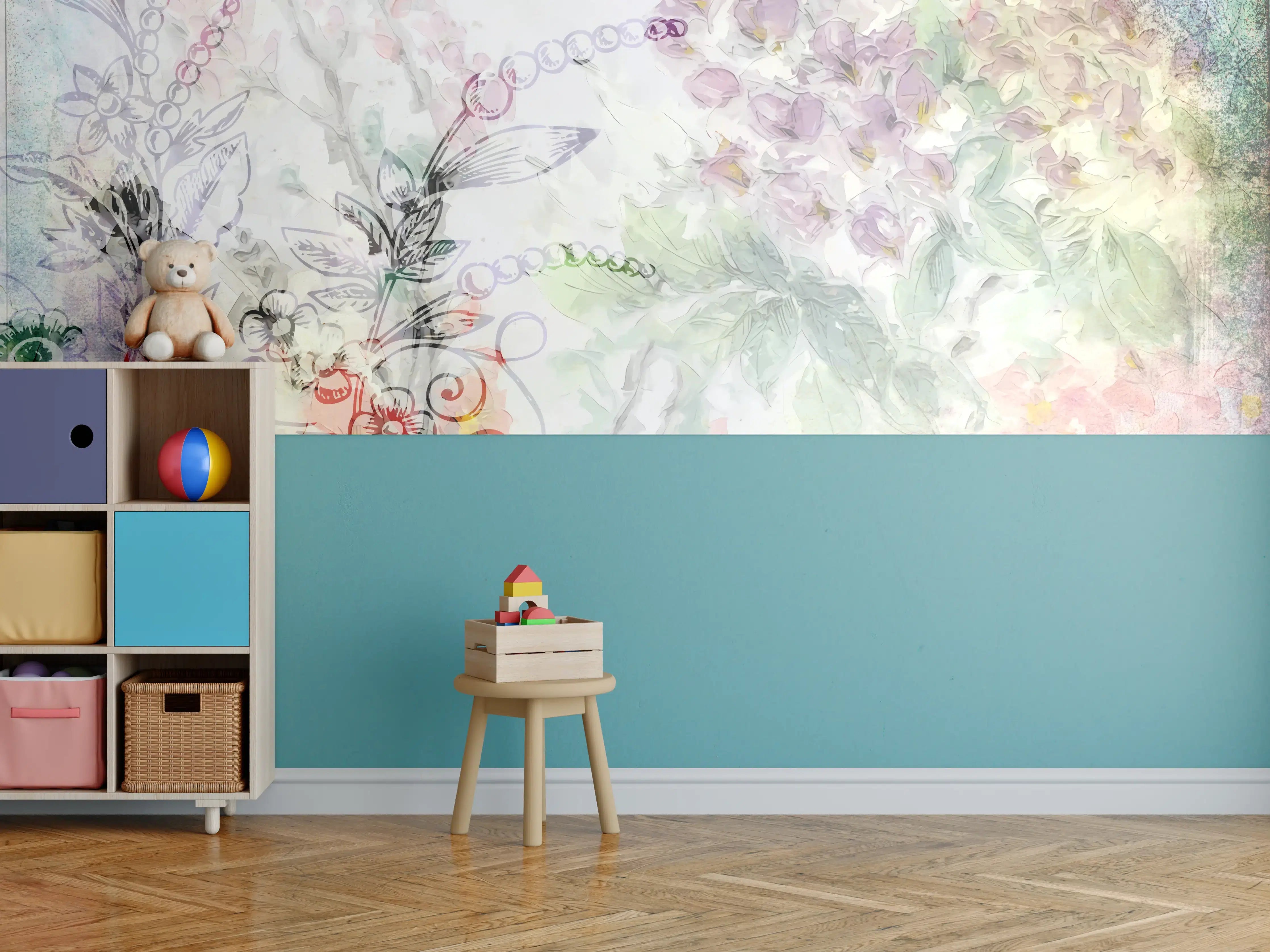 Kinderzimmer Wandgestaltung - Pastellfarbene Blumenillustration