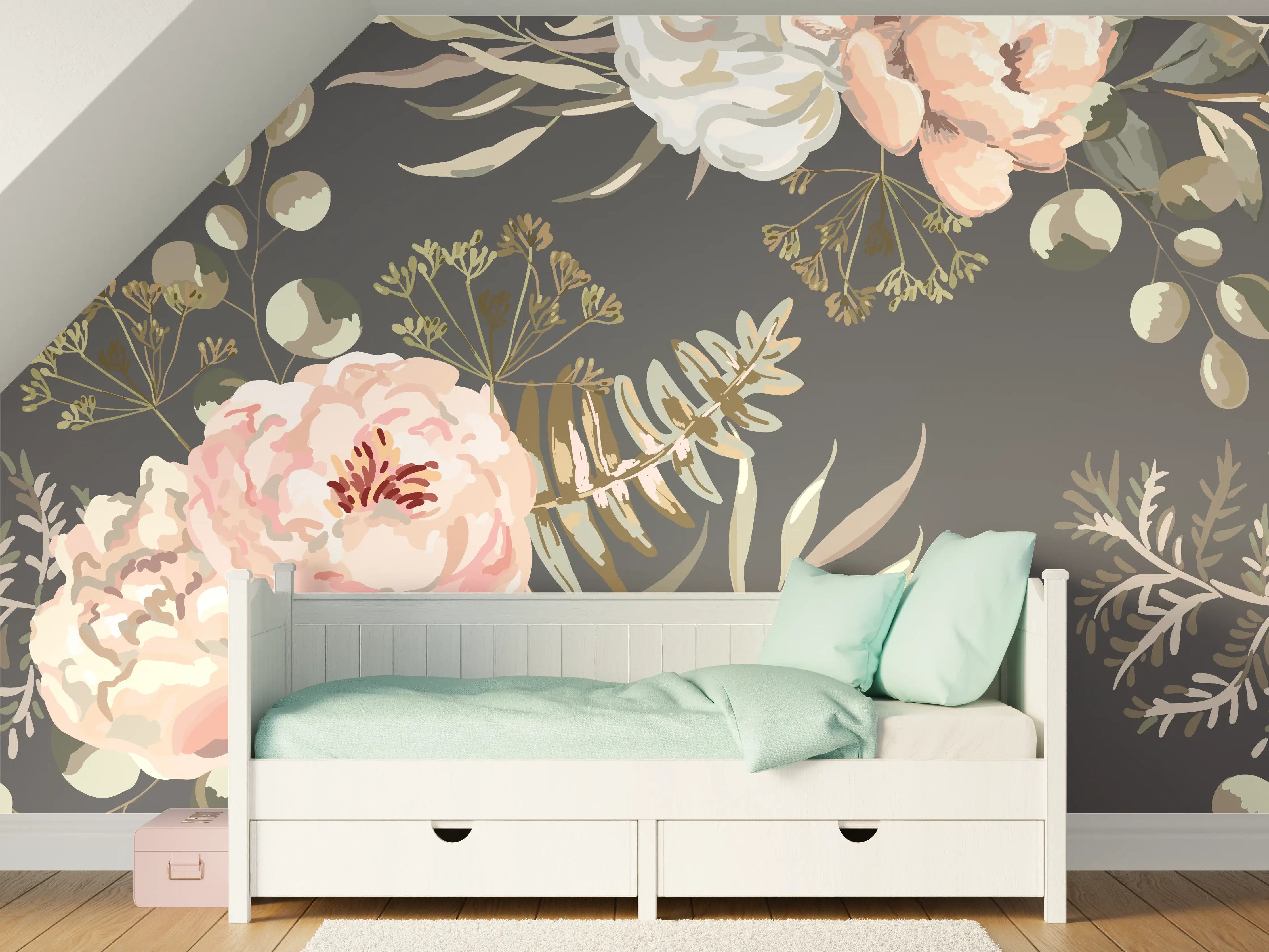 Kinderzimmer Wandgestaltung - Pastellfarbene Blumenillustration mit zarten Grautönen