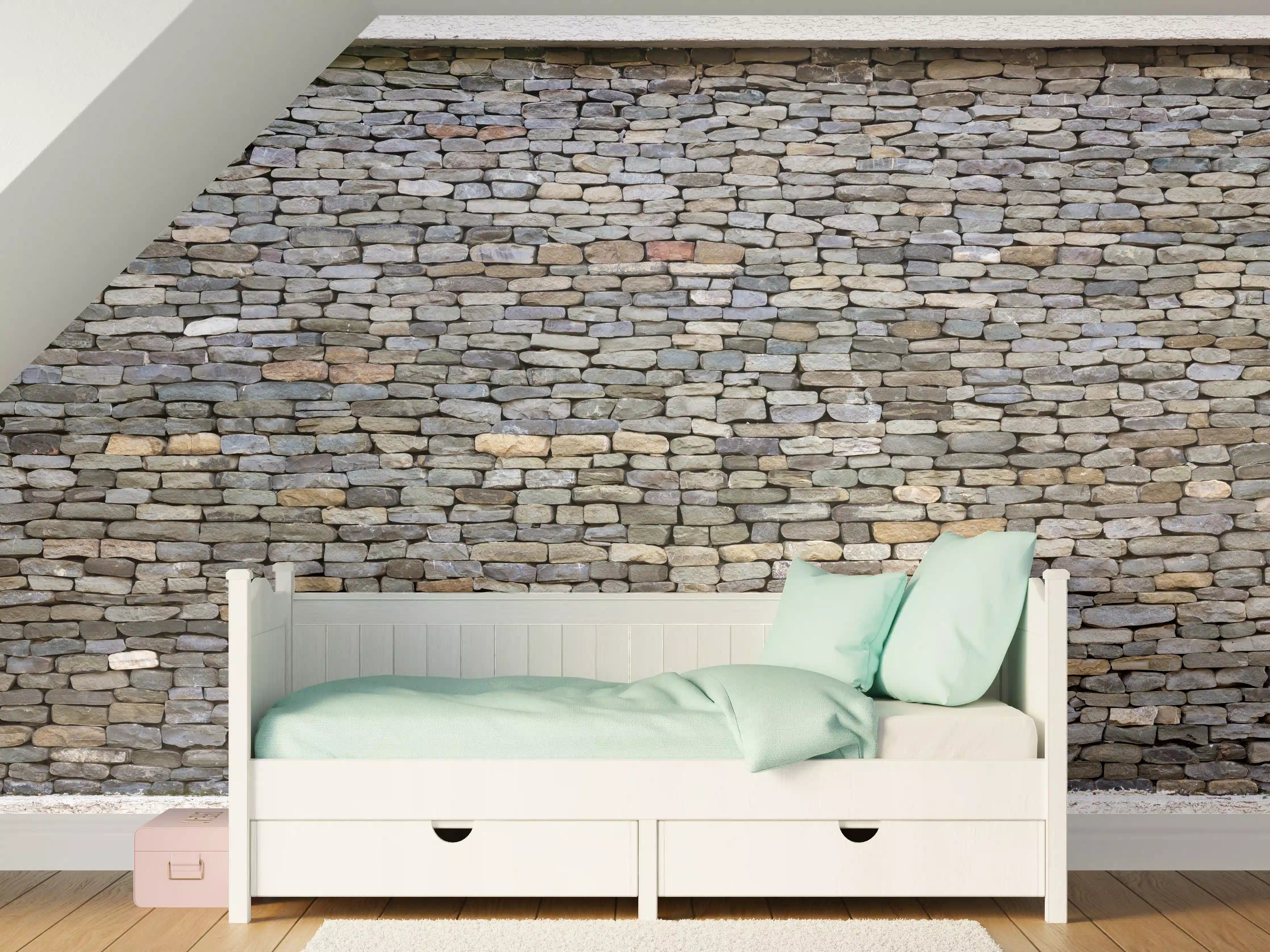 Kinderzimmer Wandgestaltung - Pastellfarbene Steinmauer