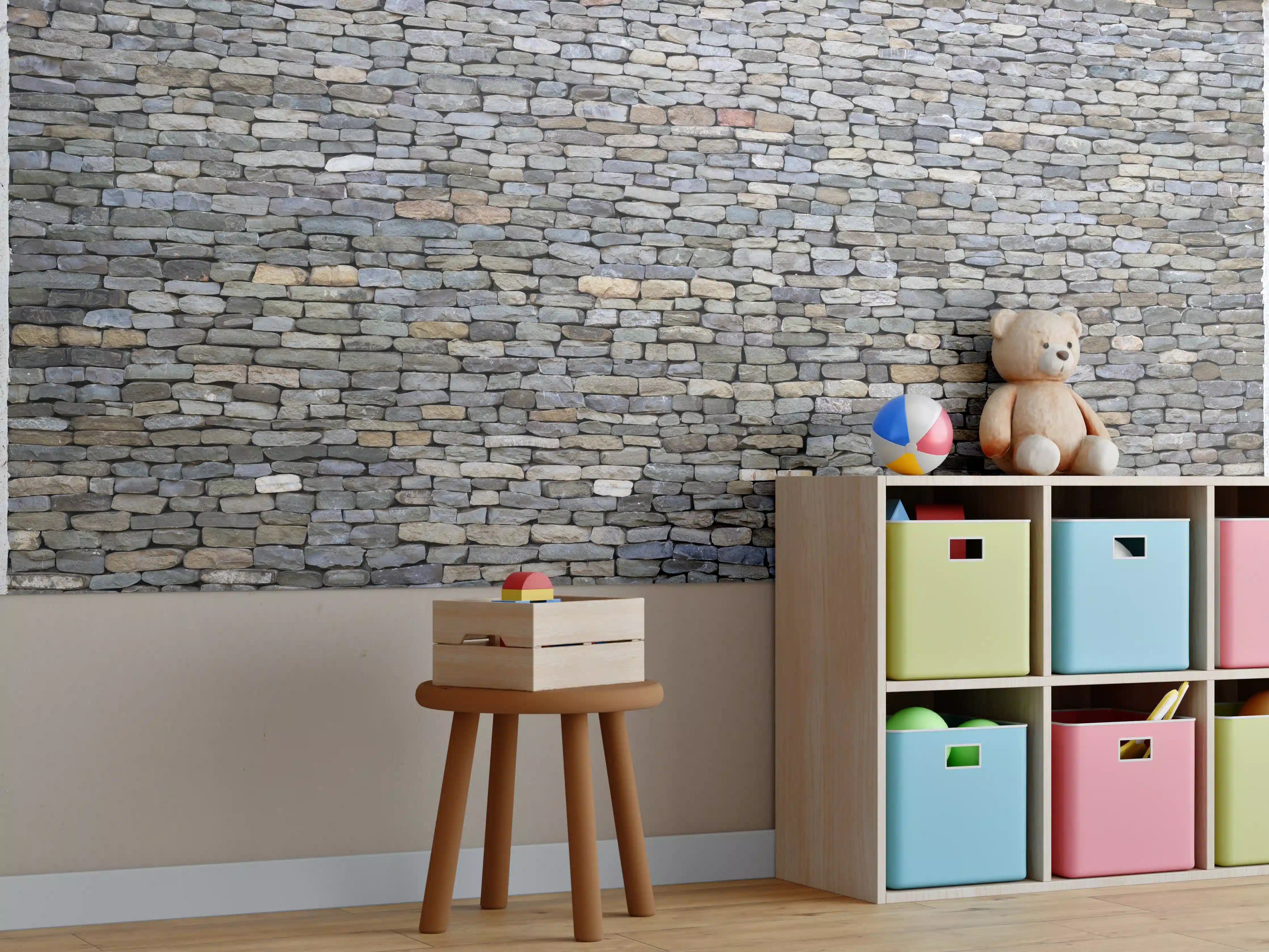 Kinderzimmer Wandgestaltung - Pastellfarbene Steinmauer