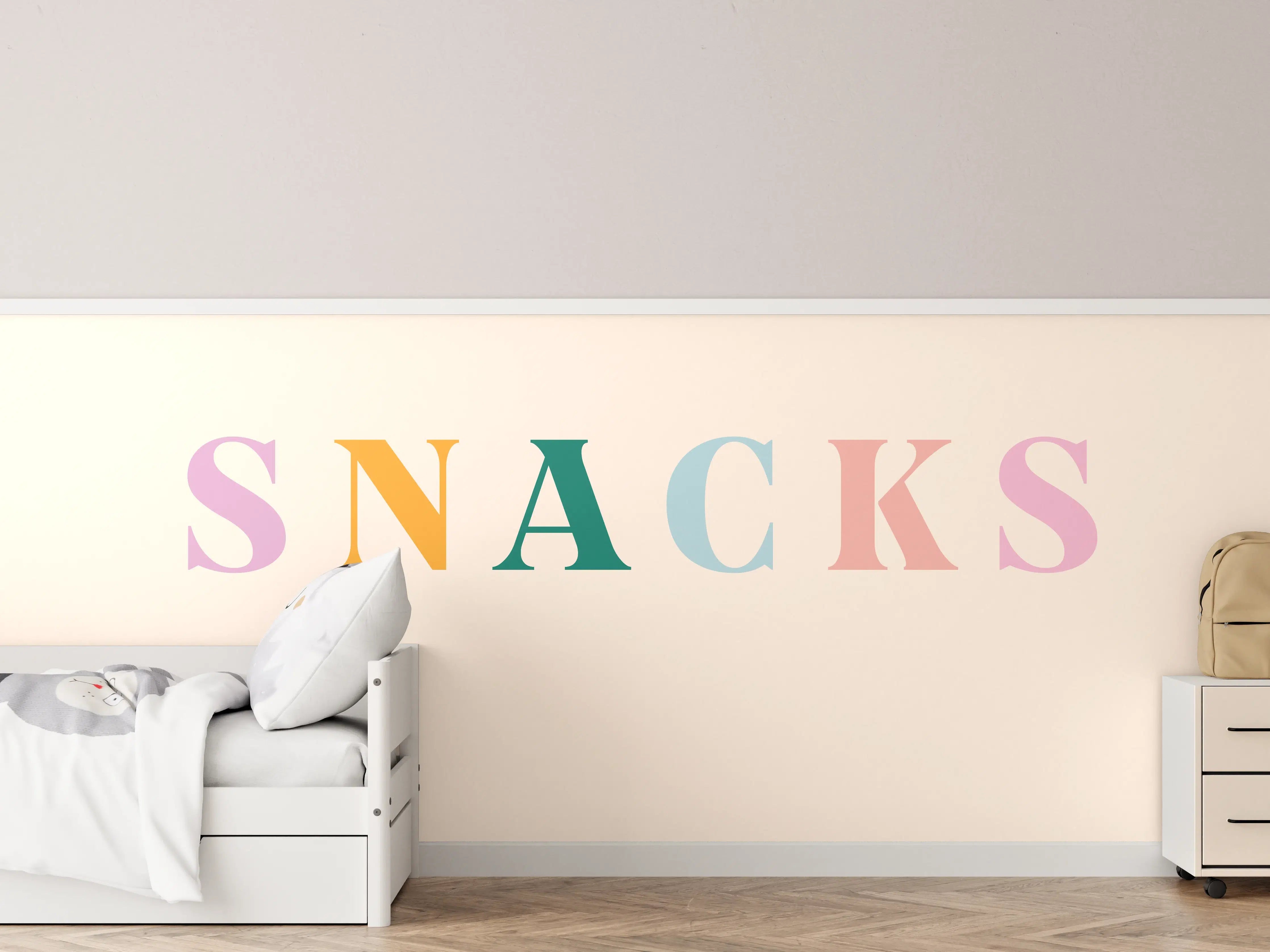 Kinderzimmer Wandgestaltung - Pastellfarbene 'SNACKS' Schrift