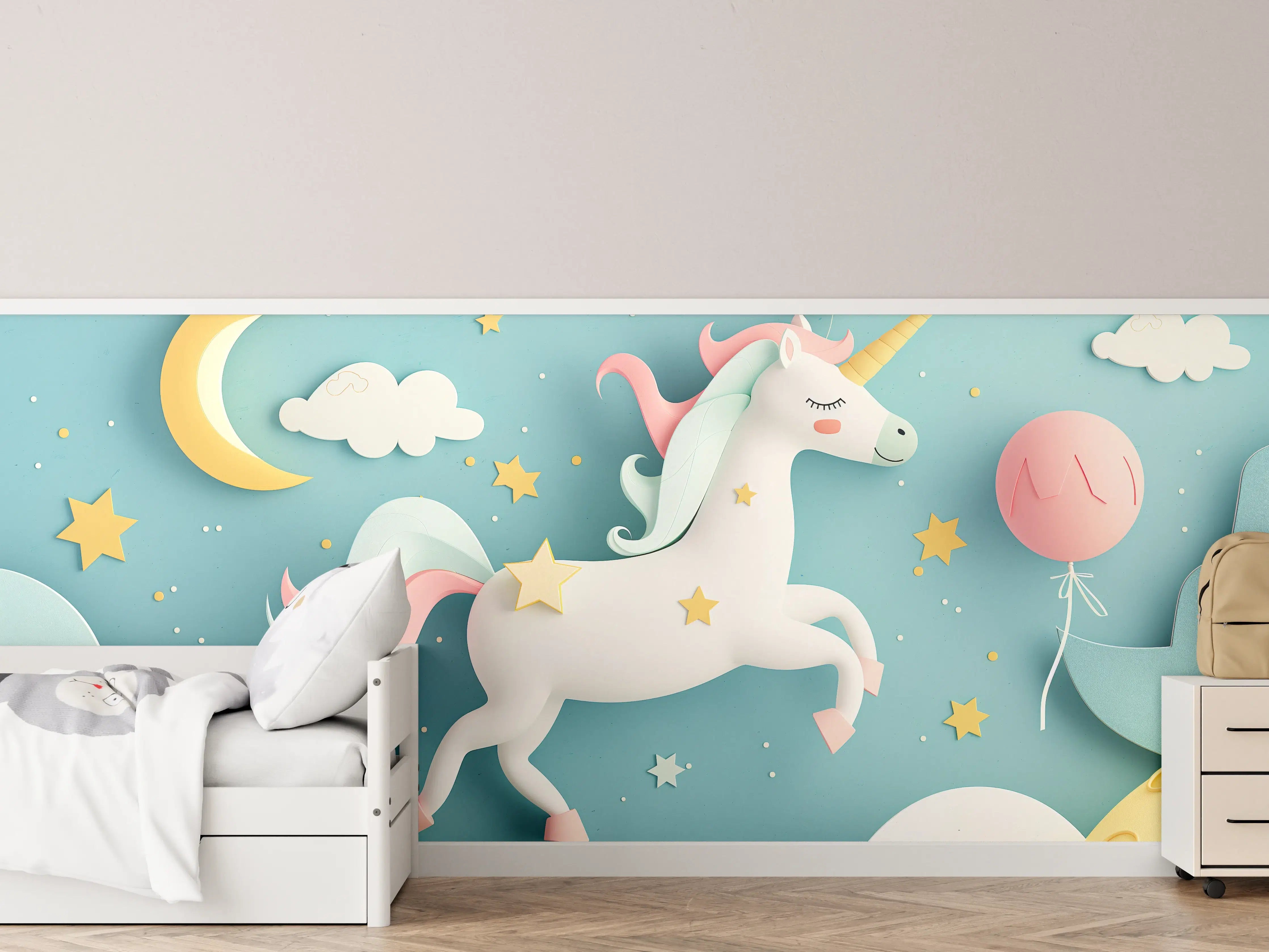 Kinderzimmer Wandgestaltung - Pastellfarbenes Einhorn im Himmel mit Sternen & Mond