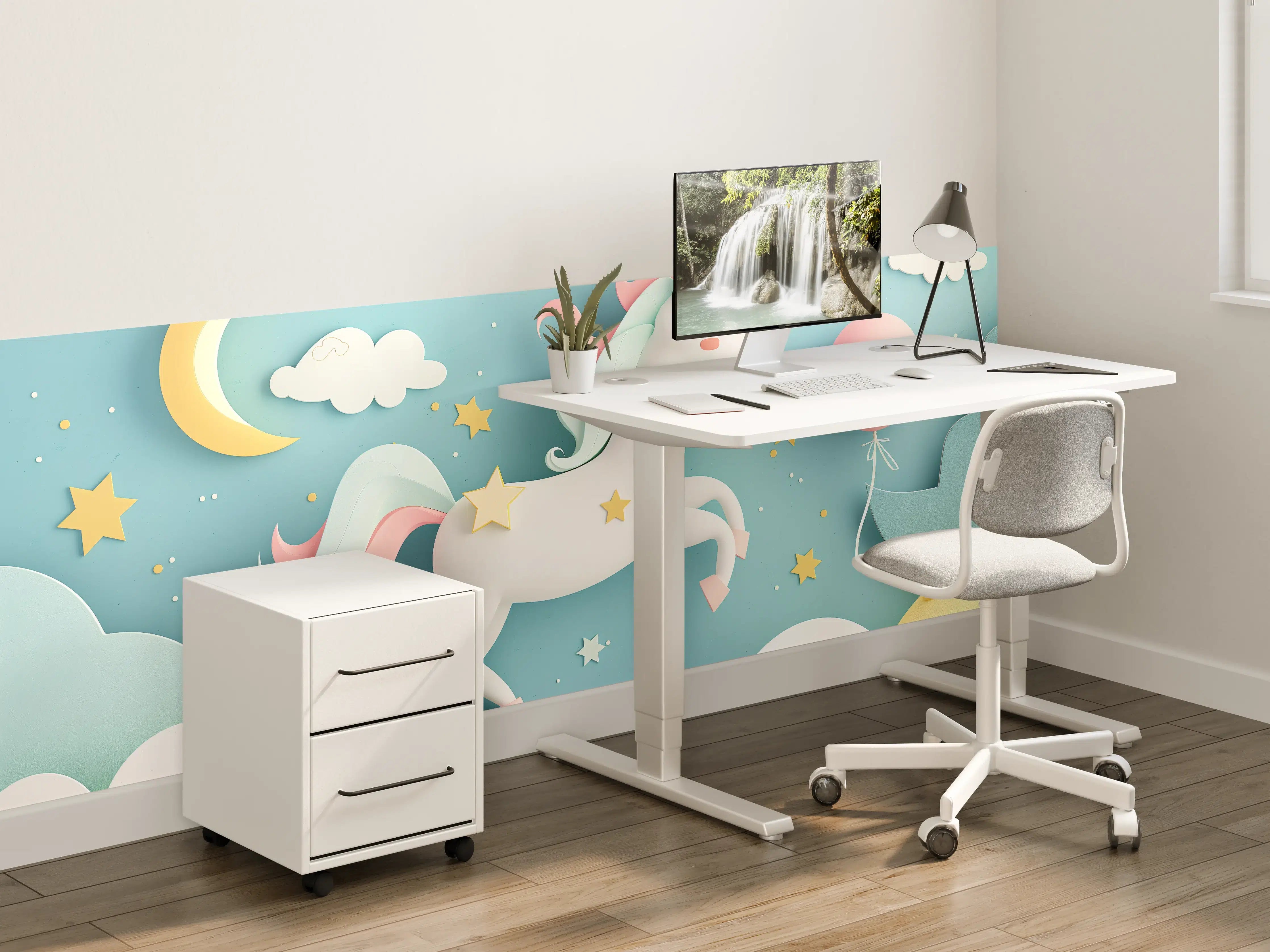 Kinderzimmer Wandgestaltung - Pastellfarbenes Einhorn im Himmel mit Sternen & Mond