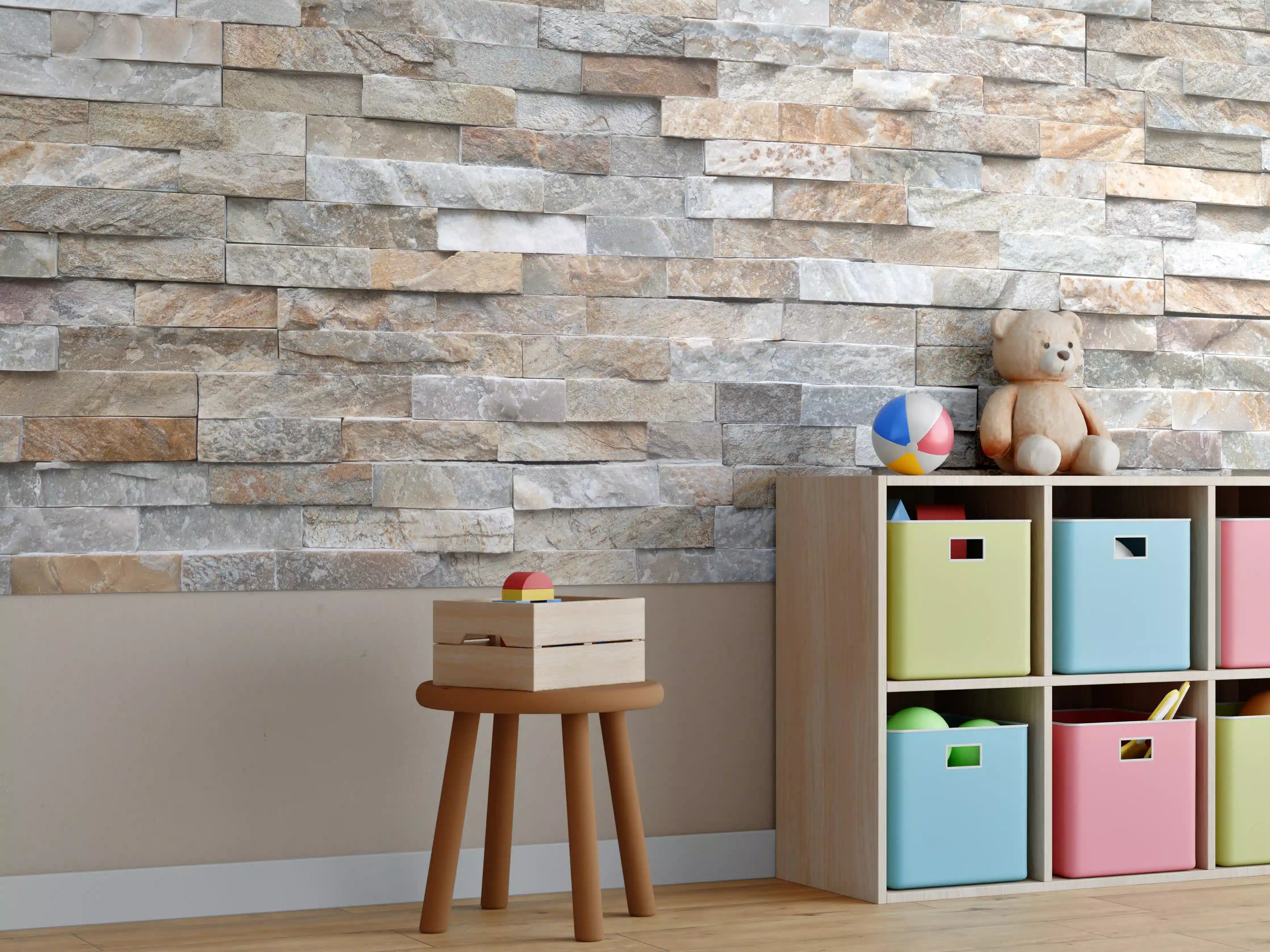 Kinderzimmer Wandgestaltung - Pastellfarbige Steinmauer