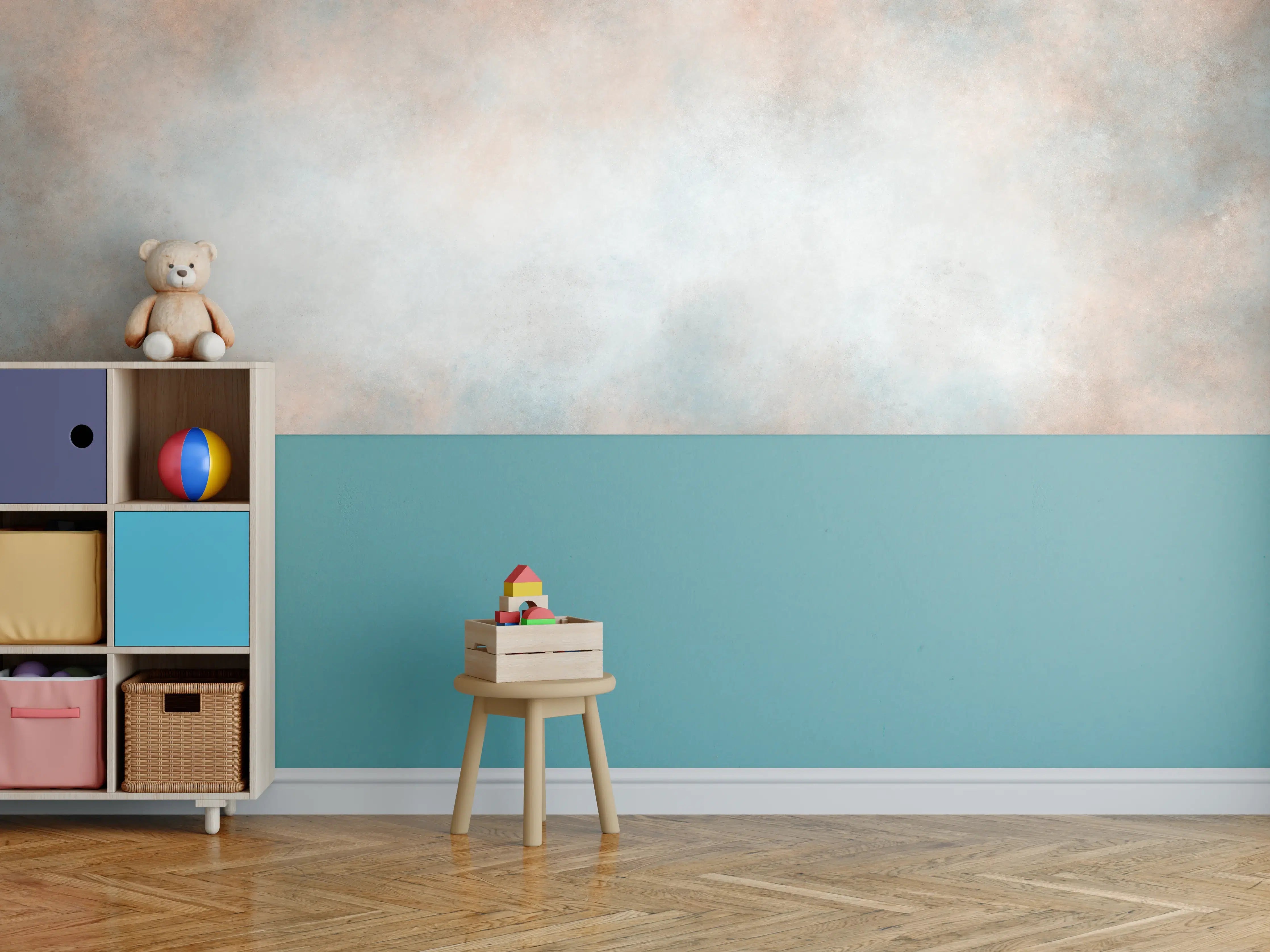 Kinderzimmer Wandgestaltung - Pastellfarbiges beige-blaues Design 