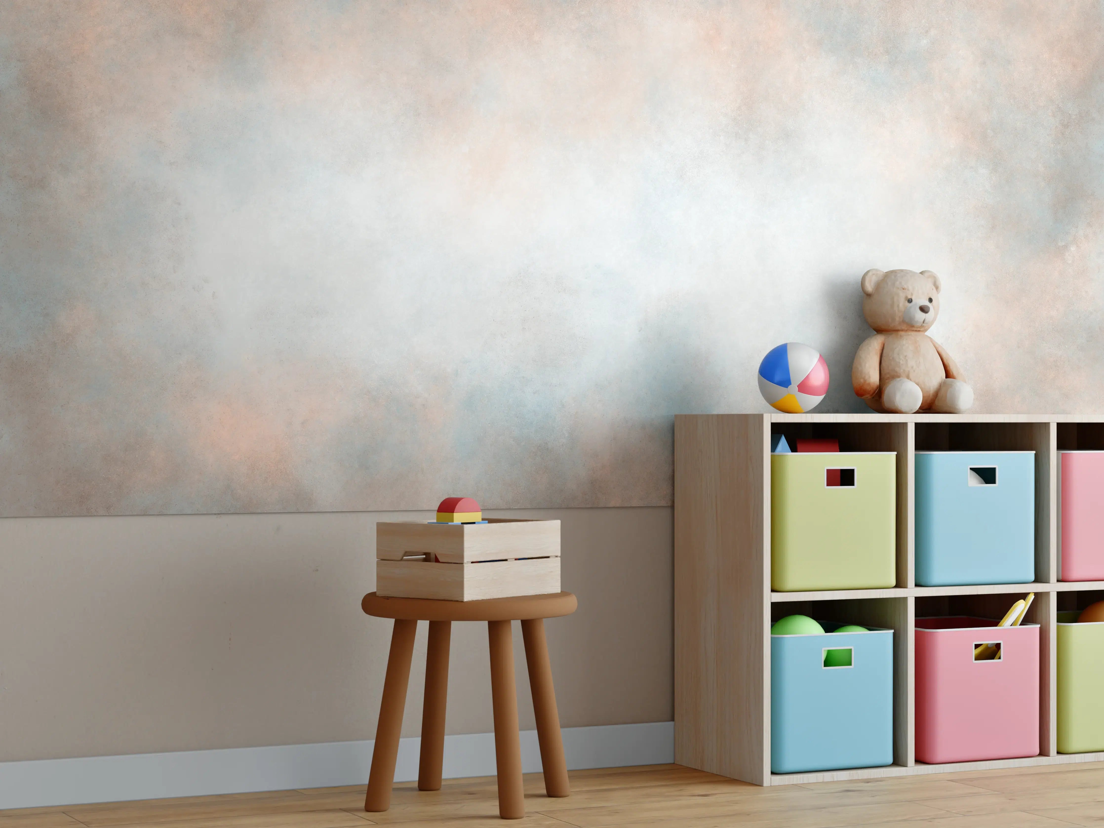 Kinderzimmer Wandgestaltung - Pastellfarbiges beige-blaues Design 