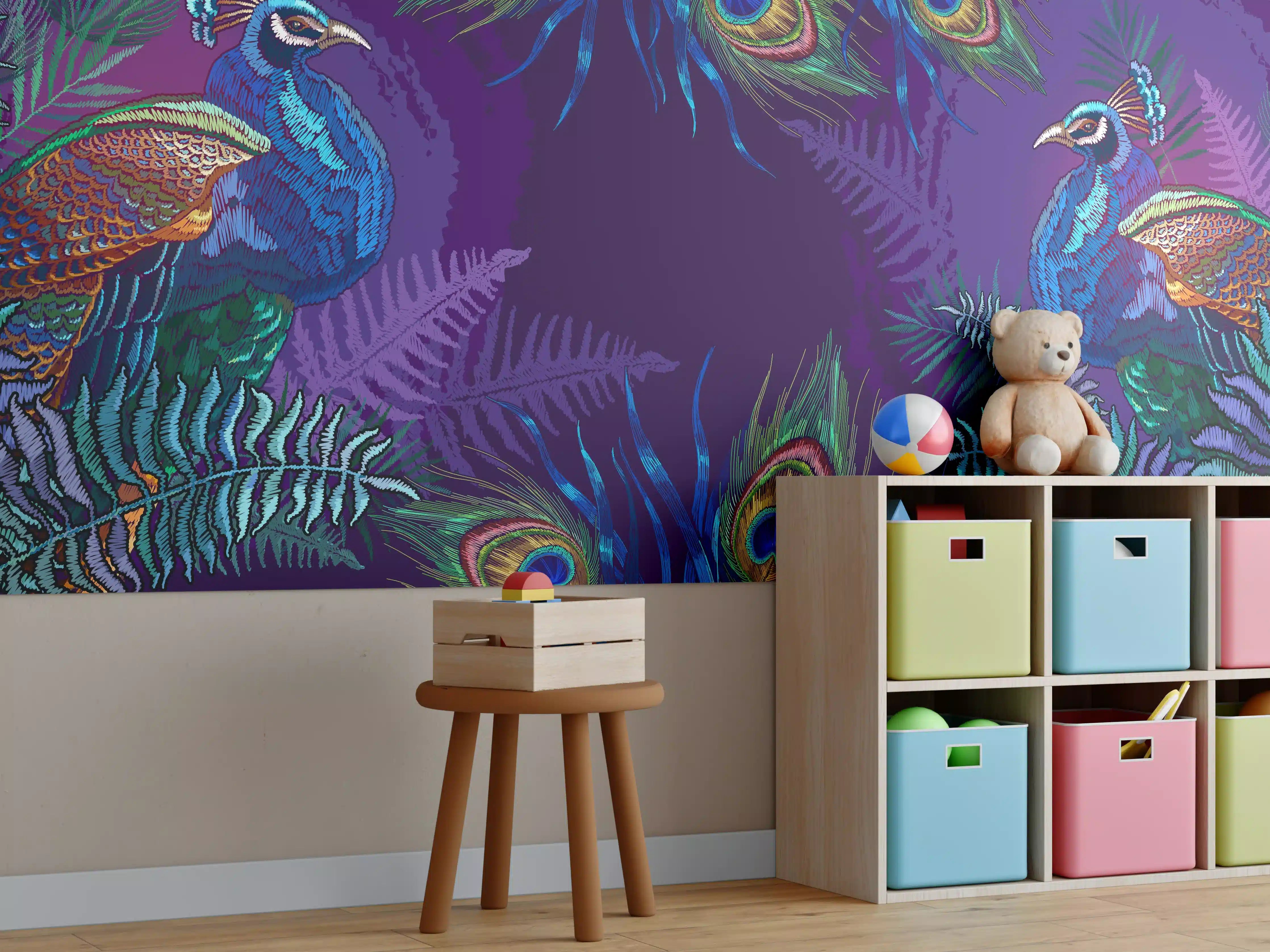 Kinderzimmer Wandgestaltung - Pfauen Stickerei Kunst