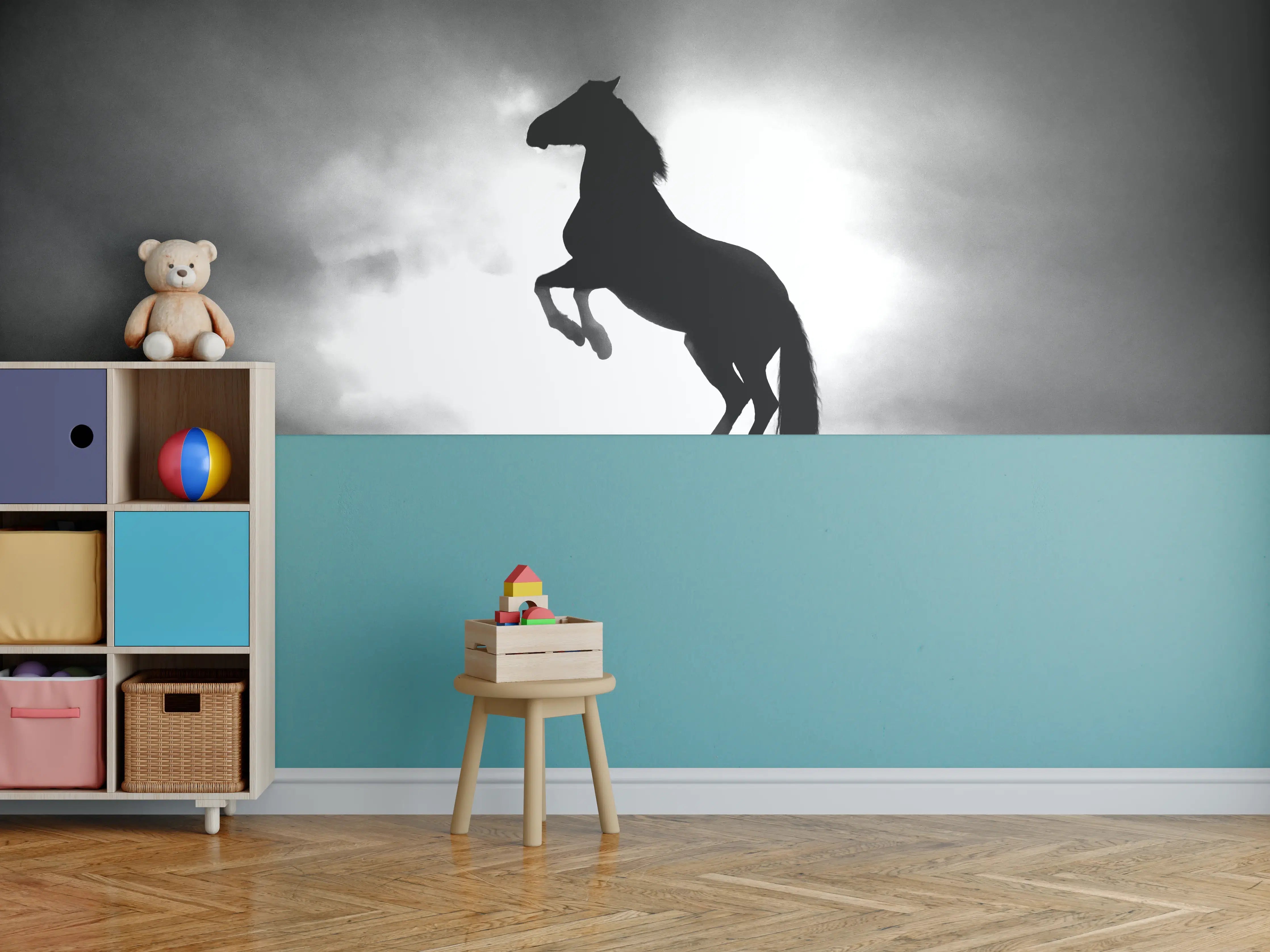 Kinderzimmer Wandgestaltung - Pferd-Aufzucht in Schwarz-Weiß