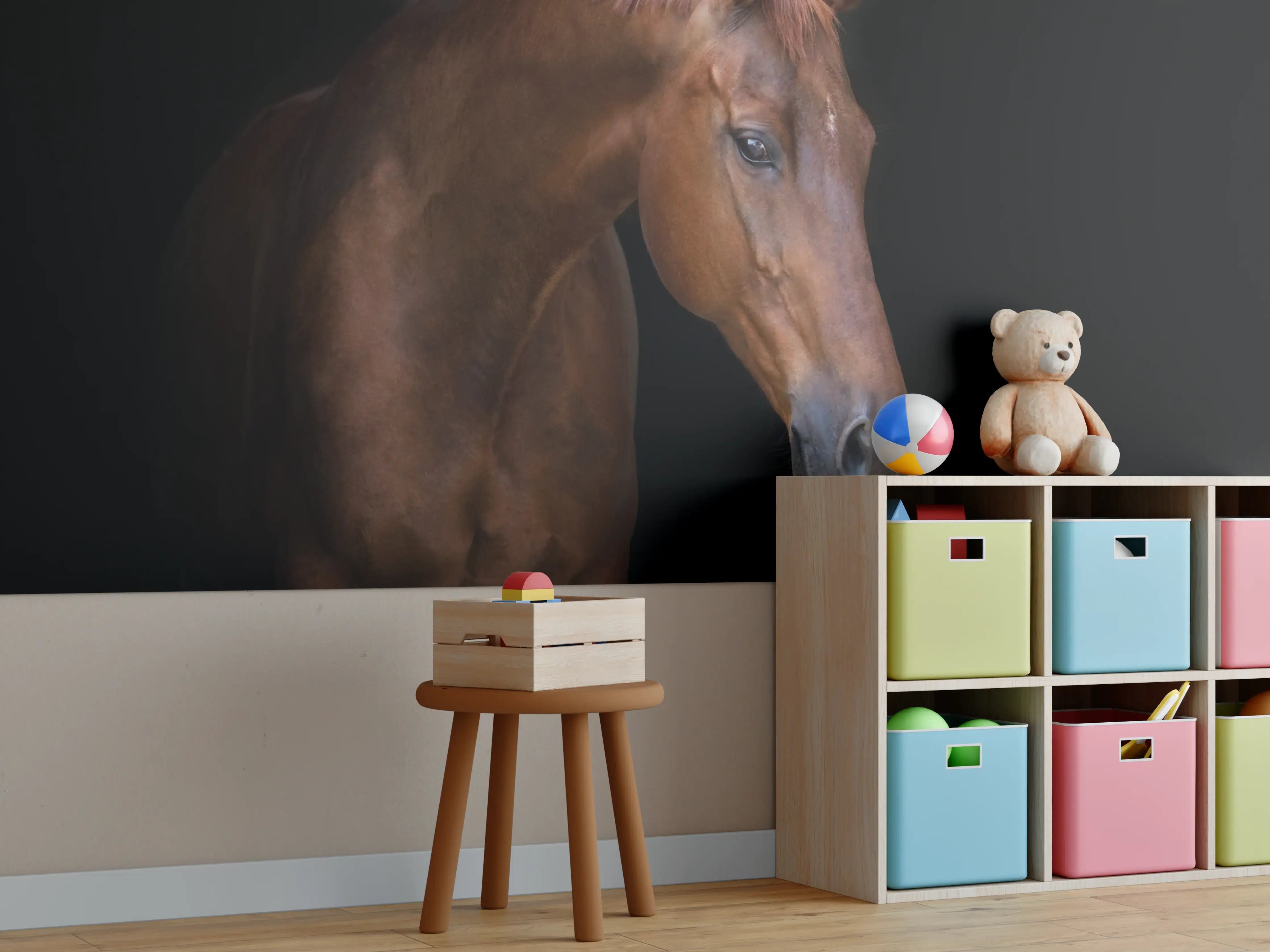 Kinderzimmer Wandgestaltung - Pferde Porträt auf schwarzem Hintergrund