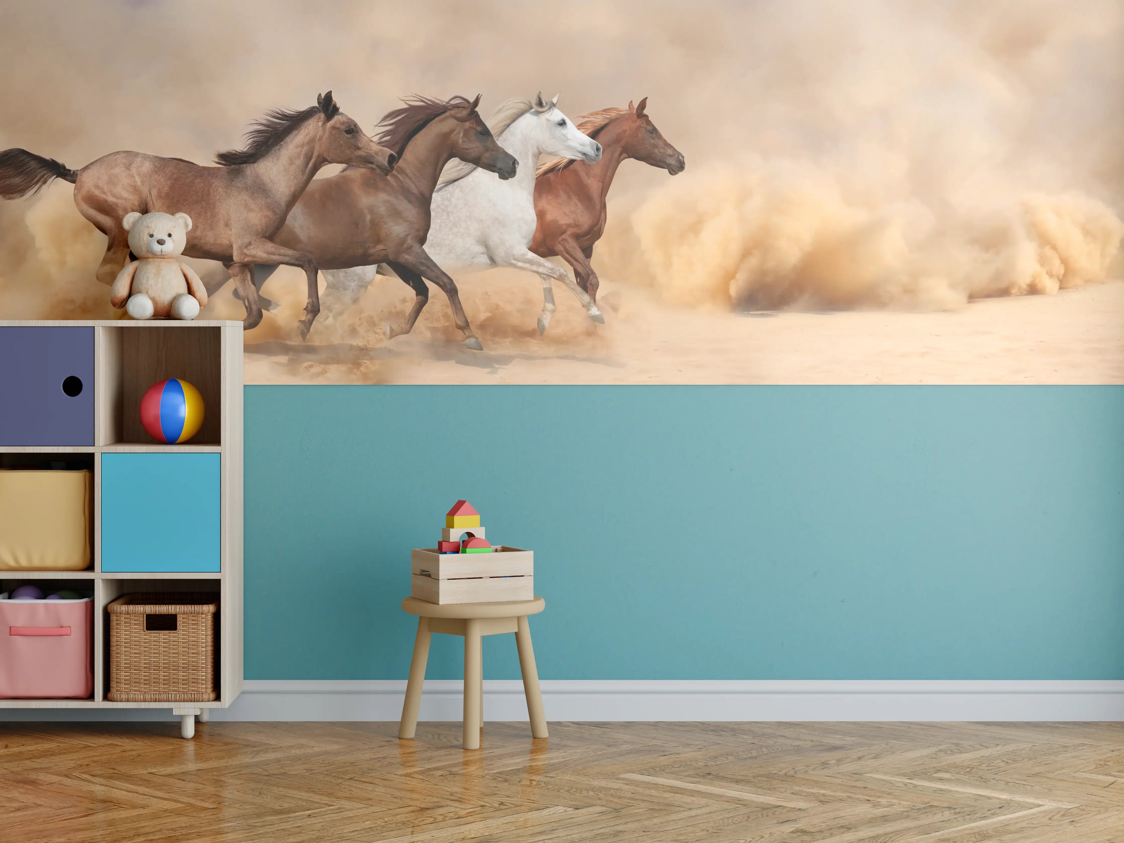 Kinderzimmer Wandgestaltung - Pferde galoppieren im Sandsturm