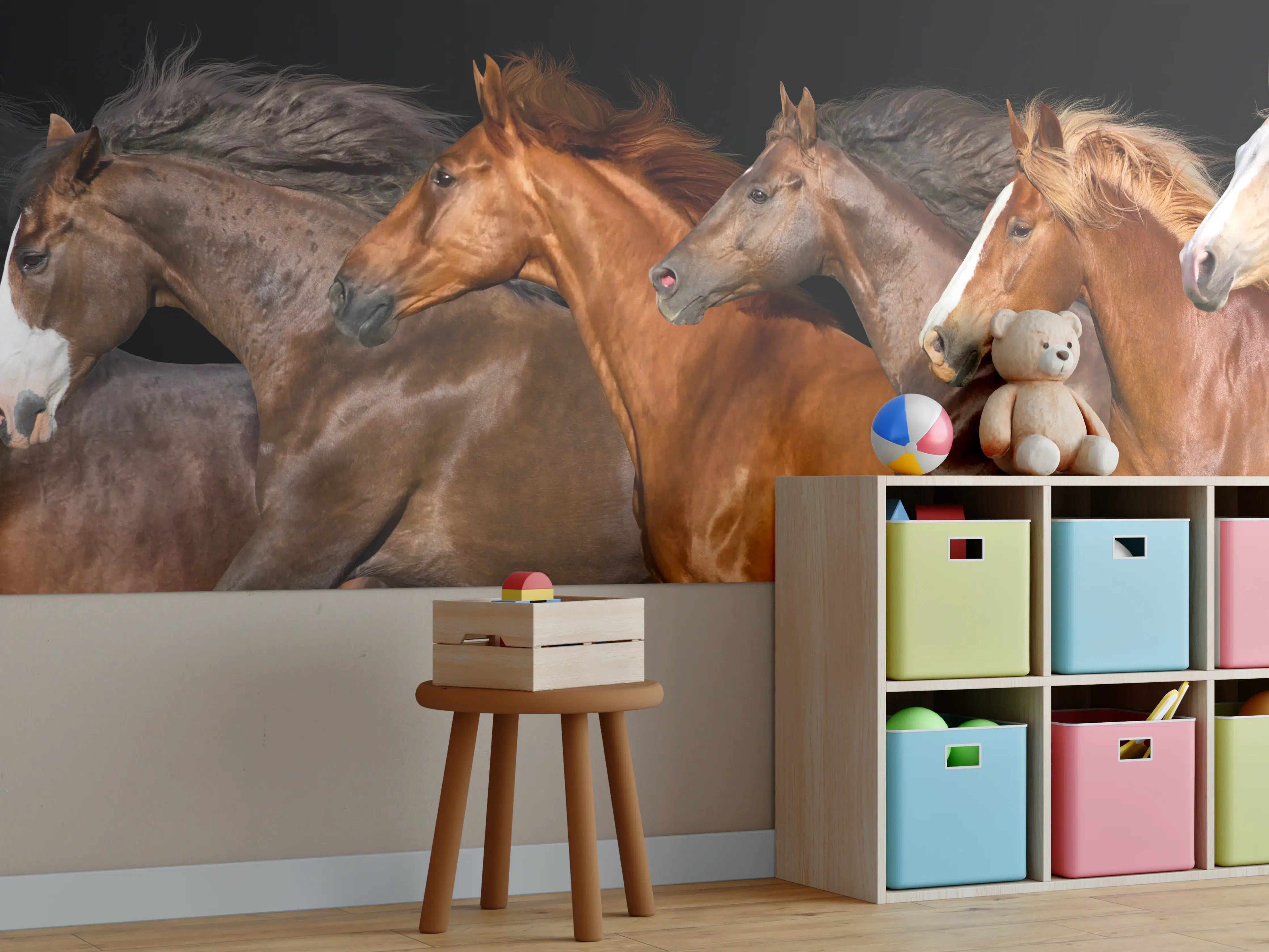 Kinderzimmer Wandgestaltung - Pferdeherde Schwarz Hintergrund