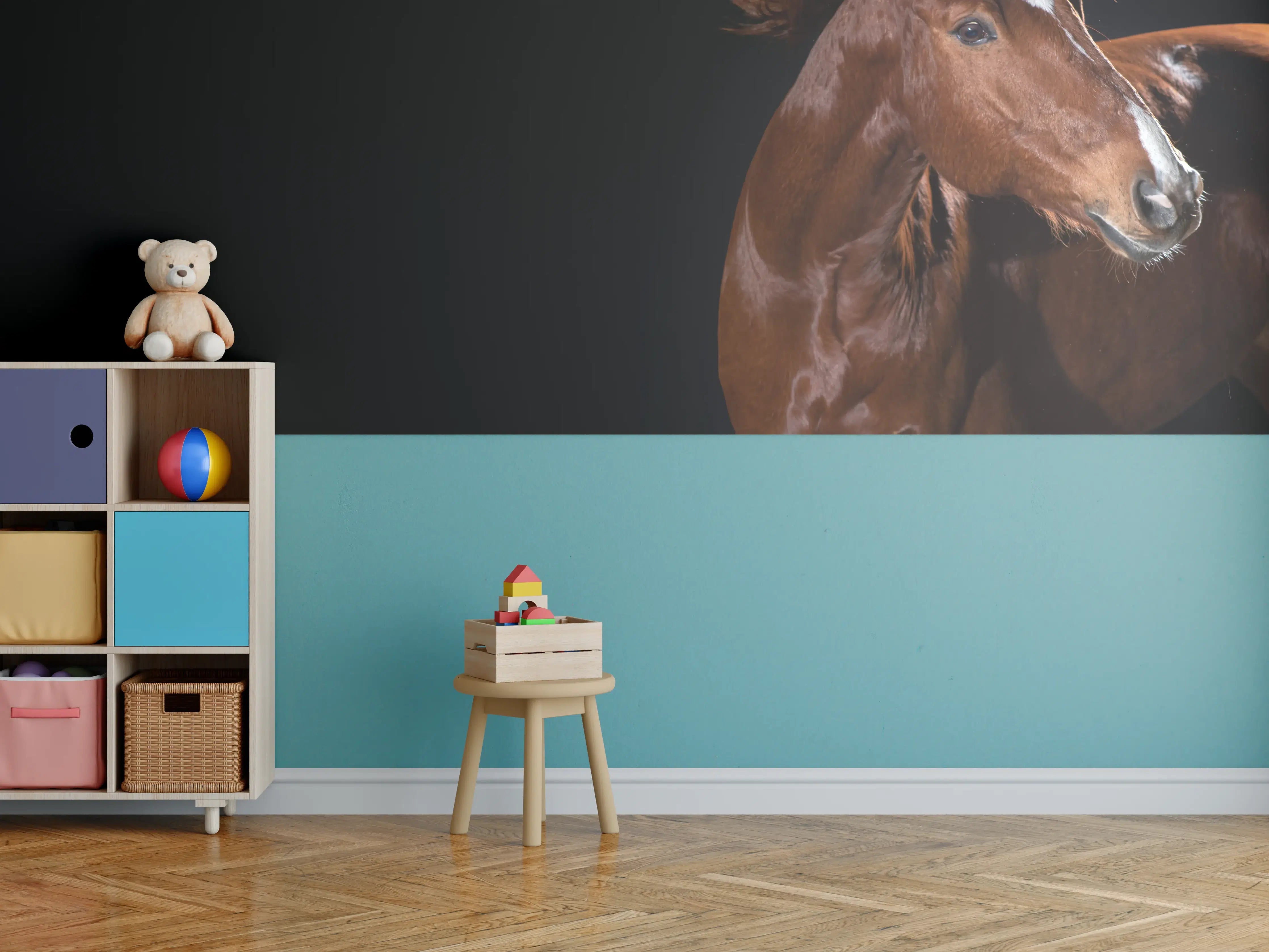 Kinderzimmer Wandgestaltung - Pferdeporträt auf schwarzem Hintergrund