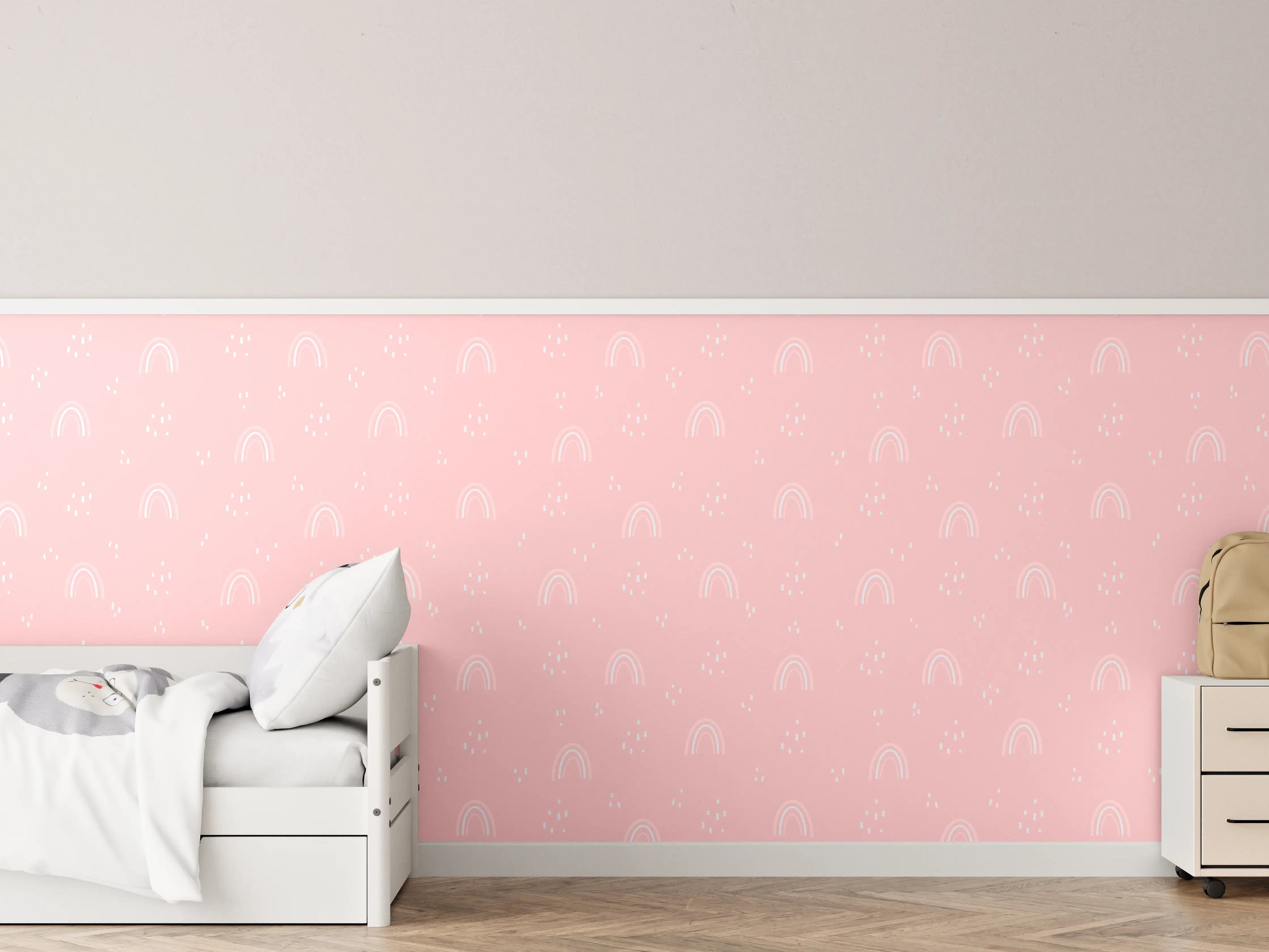 Kinderzimmer Wandgestaltung - Pinker Hintergrund mit Regenbogen- und Sternenmuster