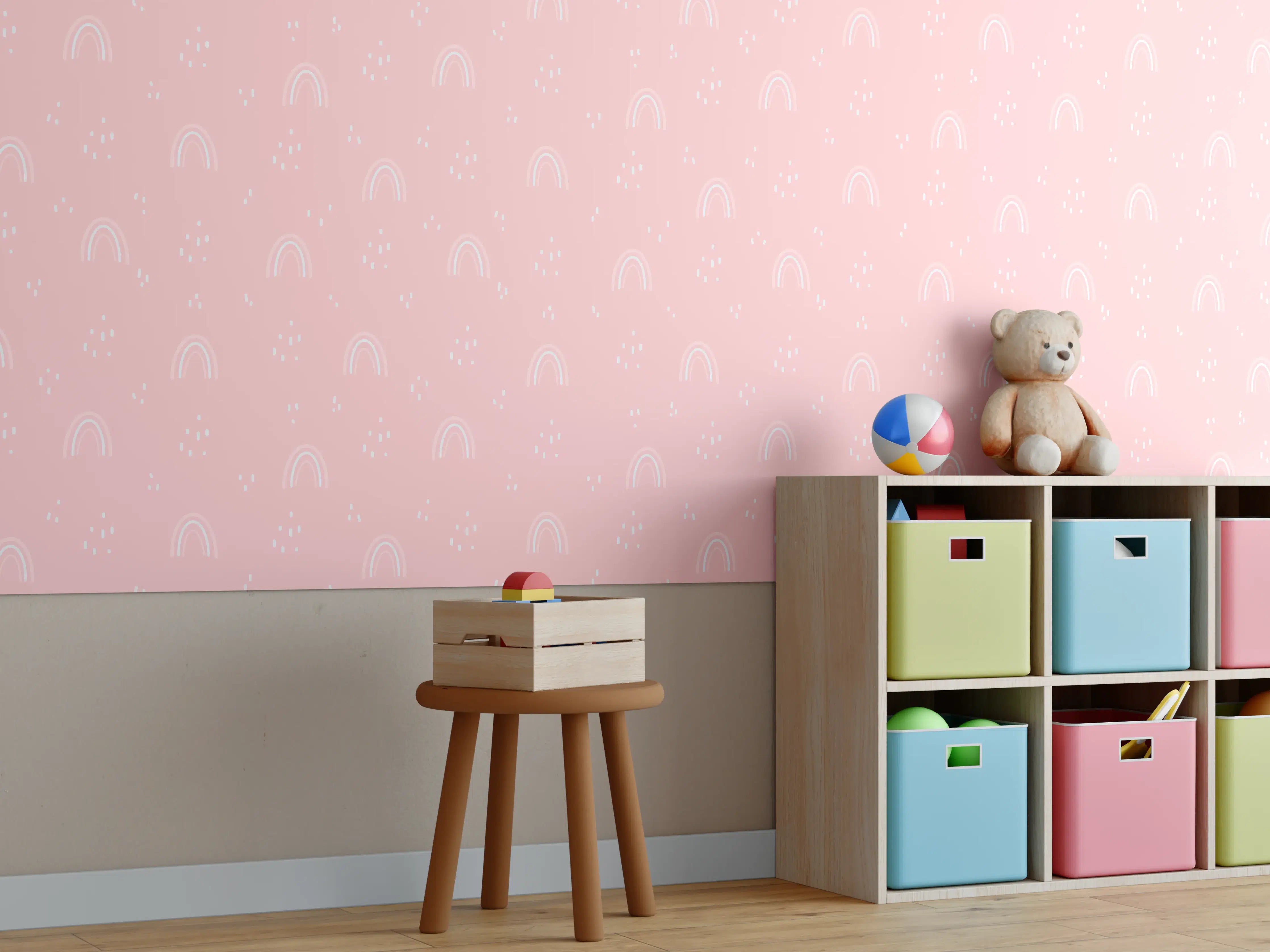 Kinderzimmer Wandgestaltung - Pinker Hintergrund mit Regenbogen- und Sternenmuster