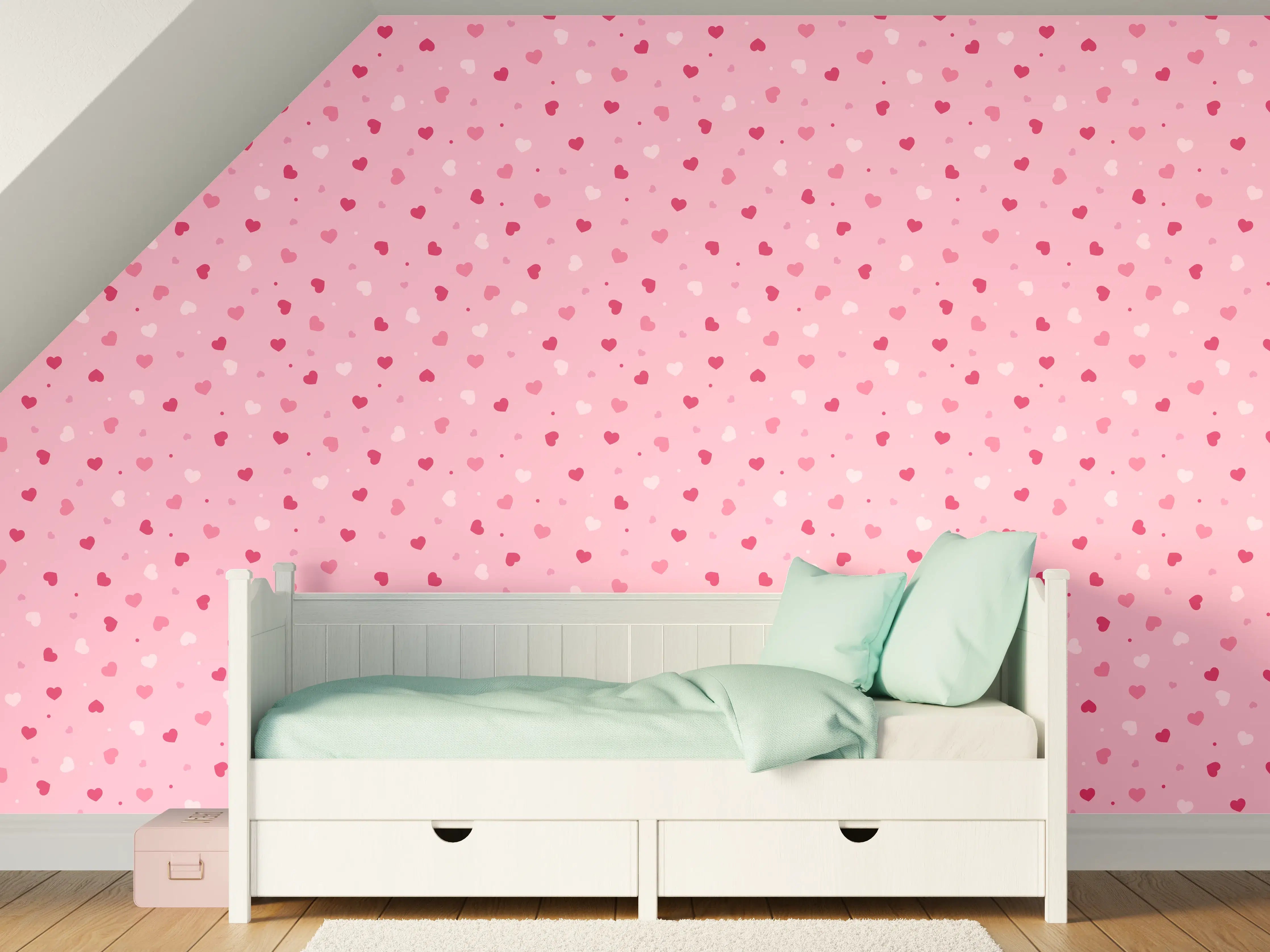 Kinderzimmer Wandgestaltung - Pinkes Herzen-Design auf Blumen-Hintergrund