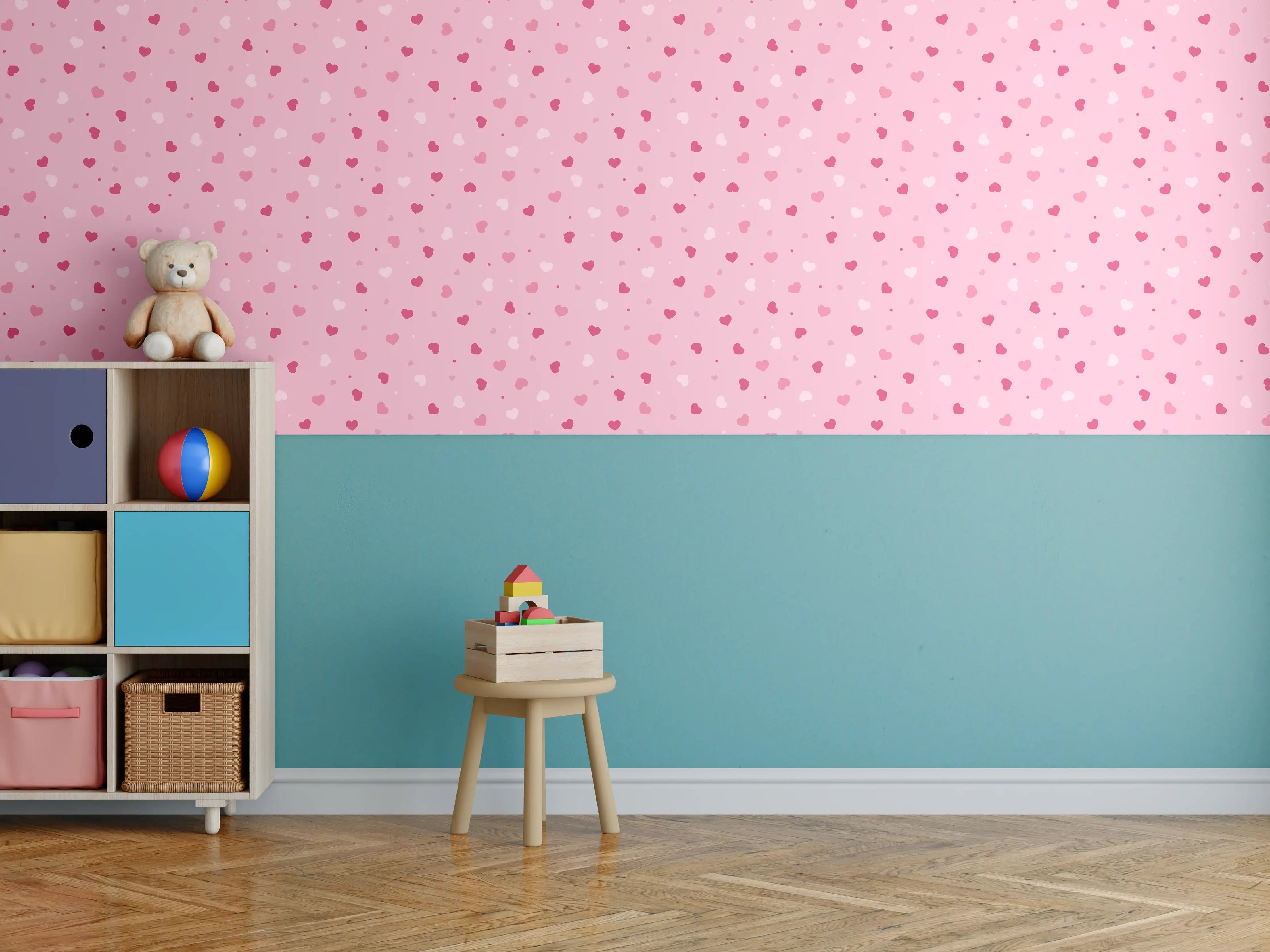 Kinderzimmer Wandgestaltung - Pinkes Herzen-Design auf Blumen-Hintergrund