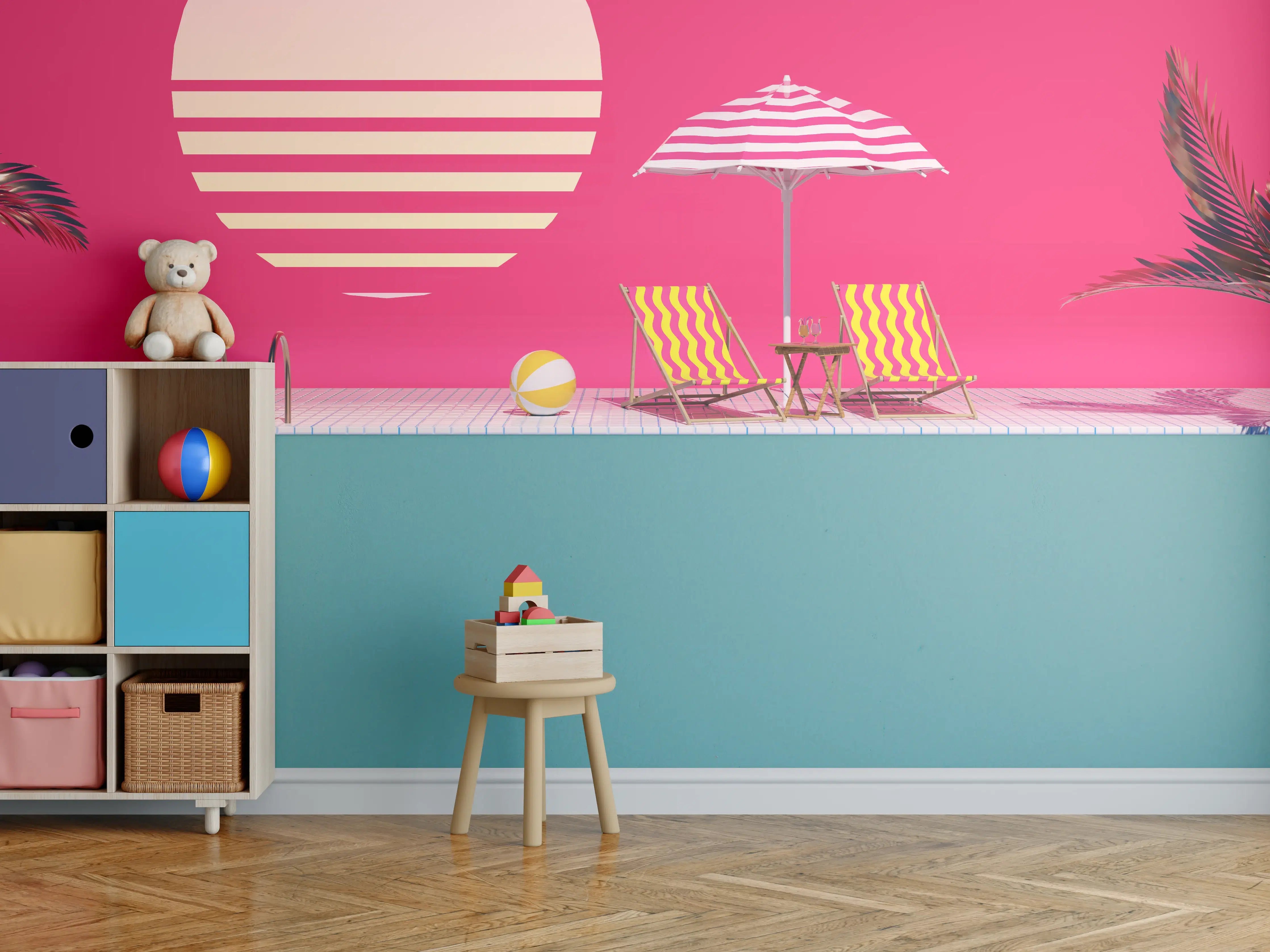 Kinderzimmer Wandgestaltung - Poolparty mit Tropendeko Rosa