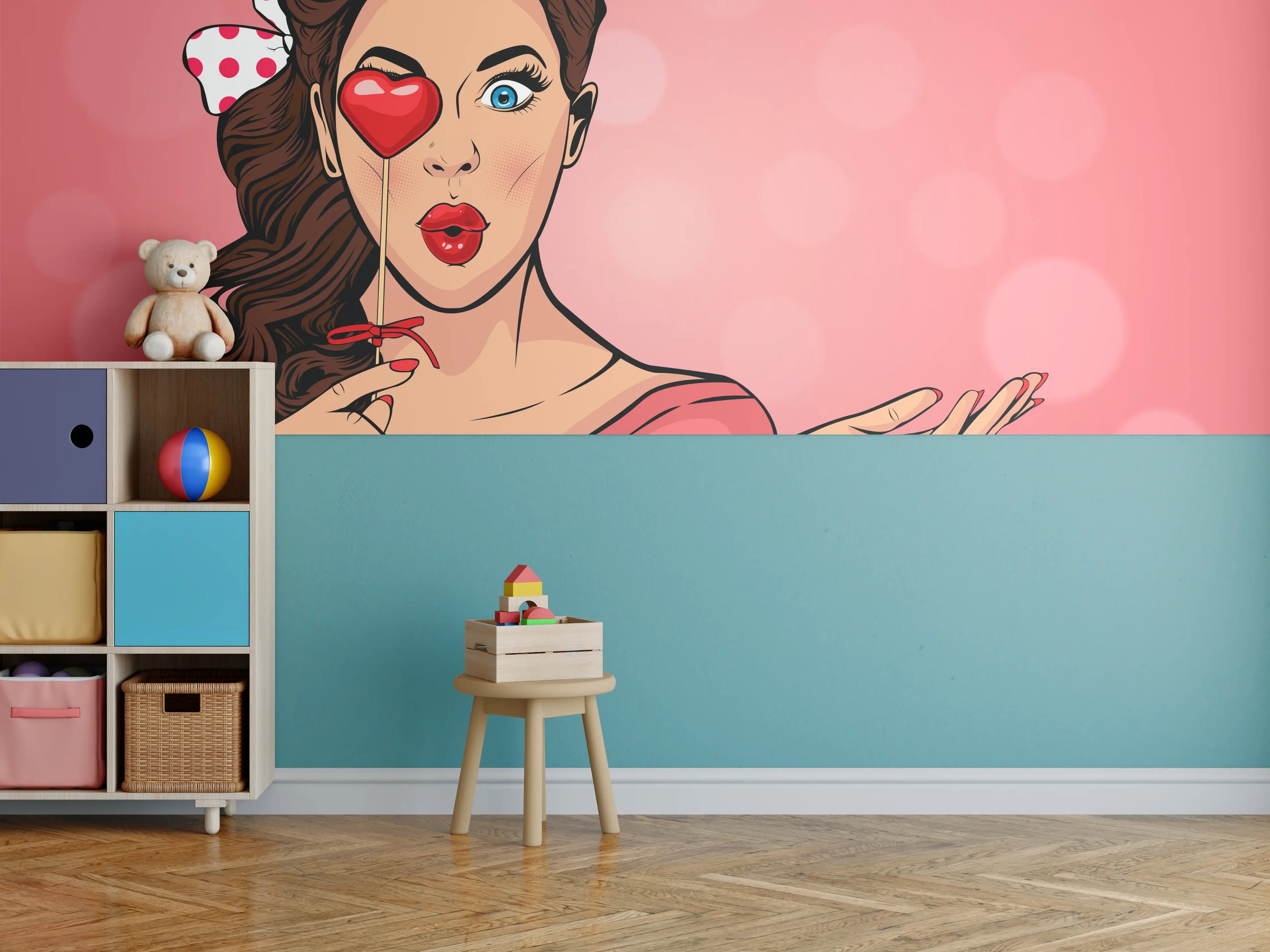 Kinderzimmer Wandgestaltung - Pop-Art-Lady-mit-Herz-Lolly