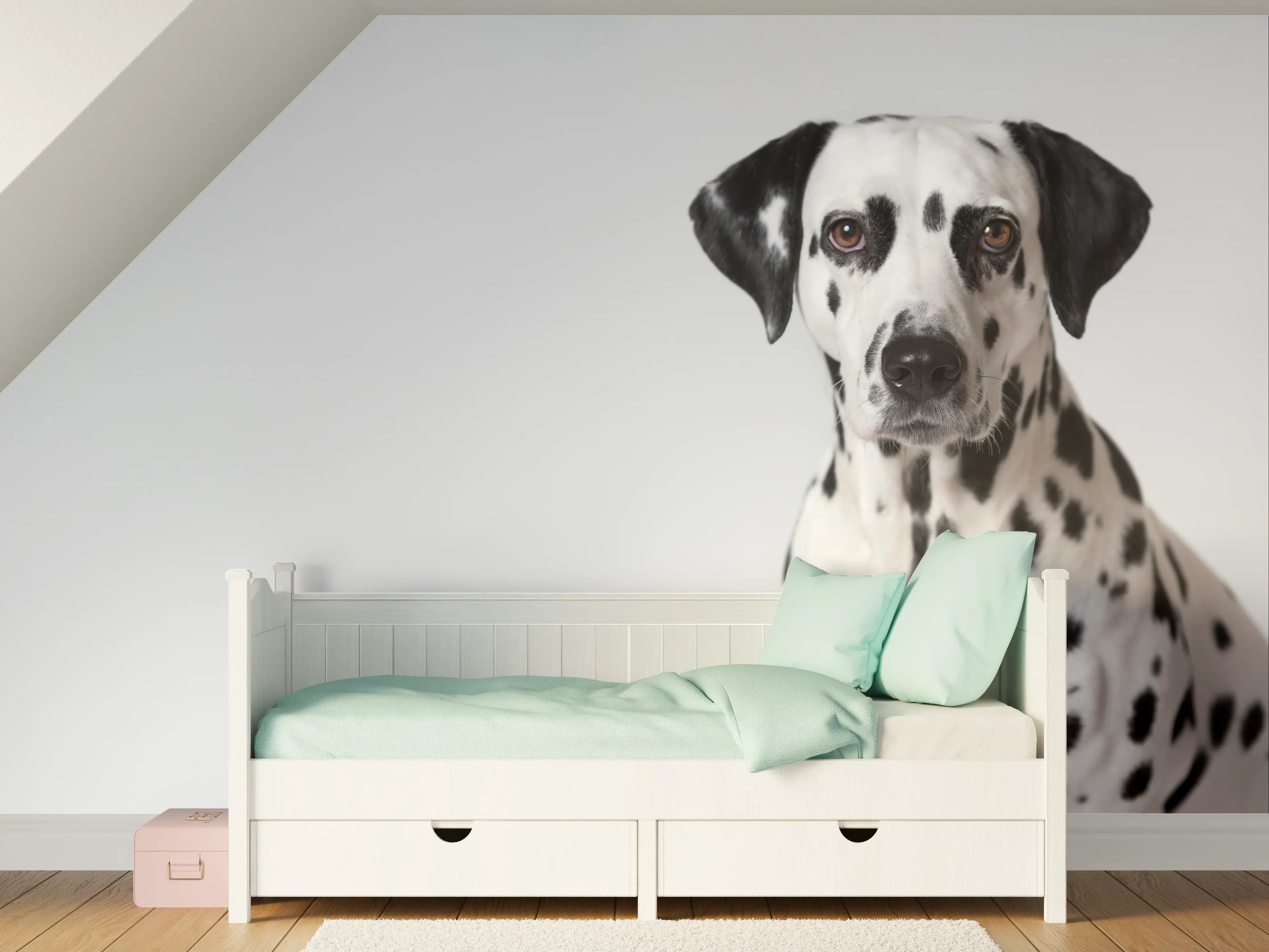 Kinderzimmer Wandgestaltung - Portrait eines Dalmatiners auf weißem Hintergrund