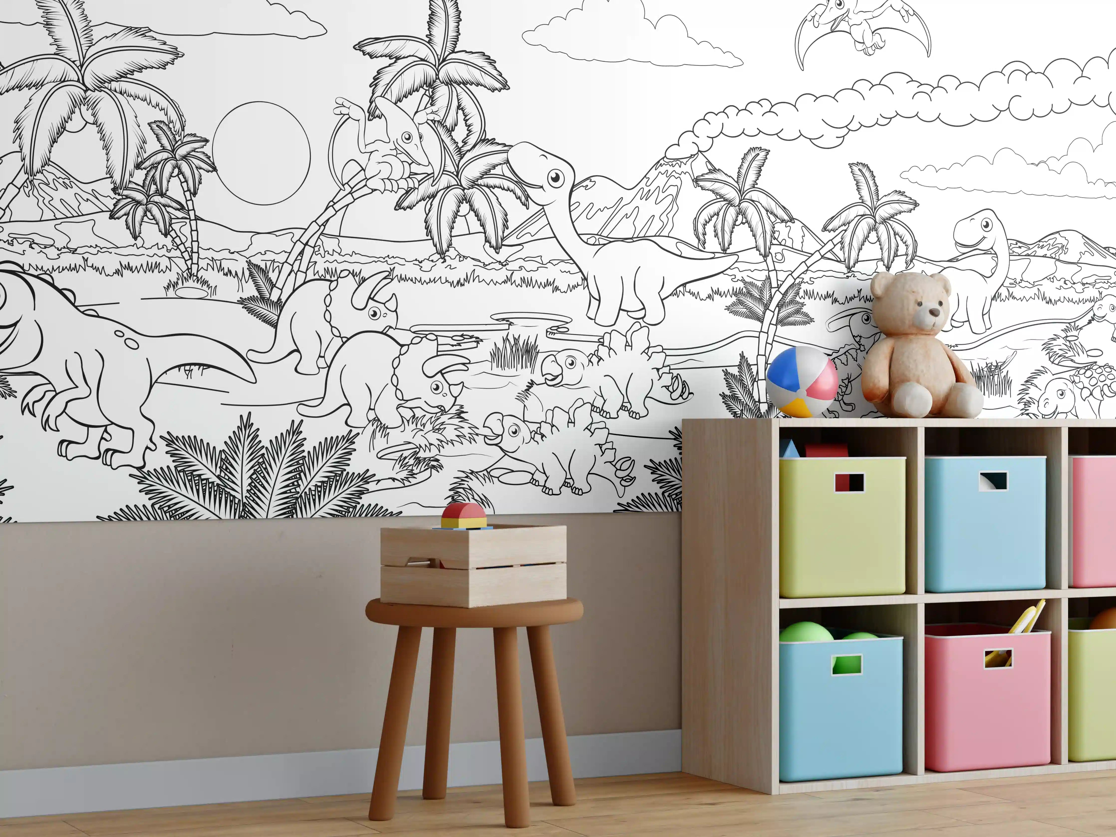 Kinderzimmer Wandgestaltung - Prächtige prähistorische Dinosaurier-Szene in Schwarz-Weiß