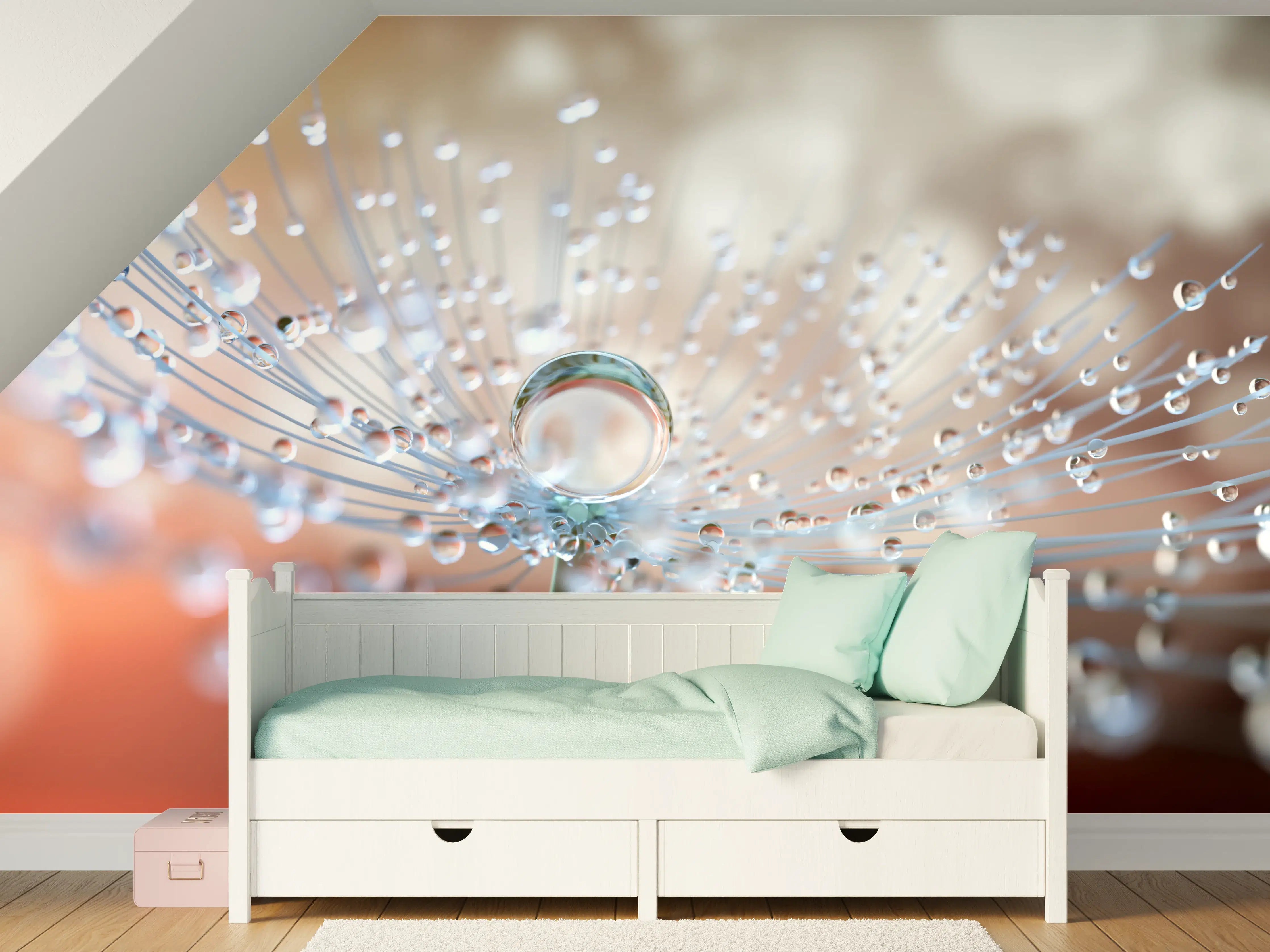 Kinderzimmer Wandgestaltung - Pusteblume mit Tautropfen bei Abendlicht