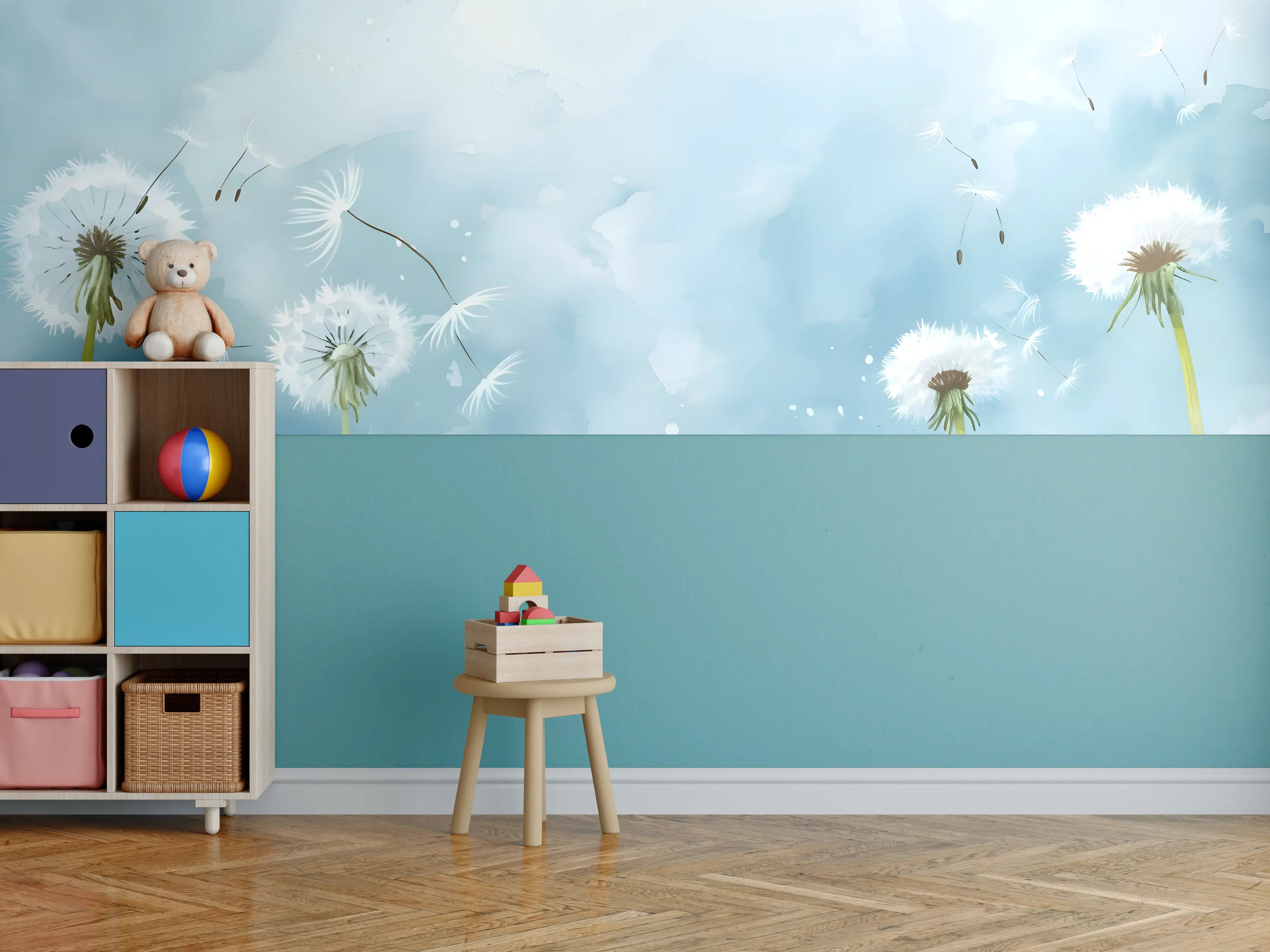 Kinderzimmer Wandgestaltung - Pusteblumen Aquarell Blau-Weiß