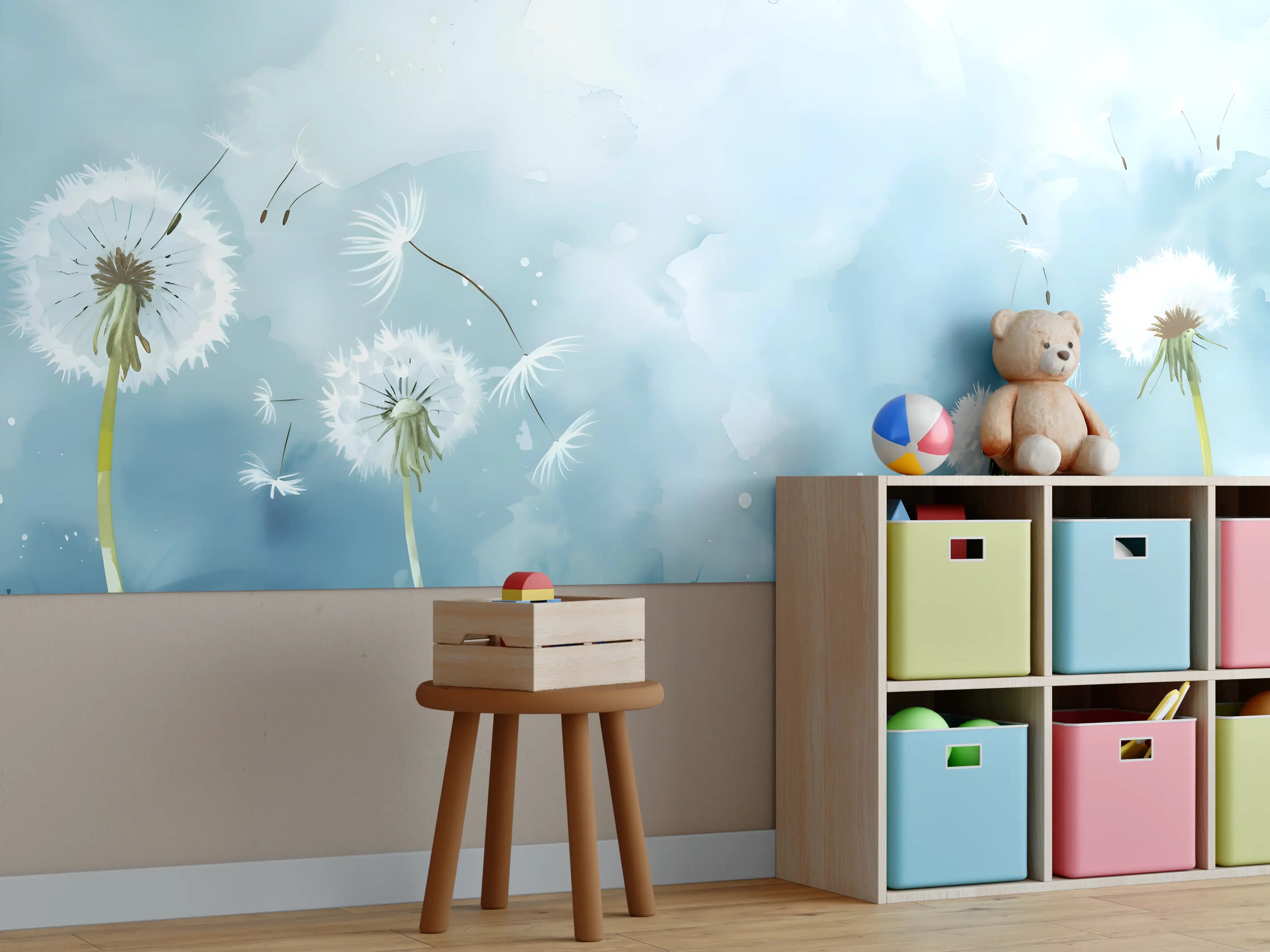 Kinderzimmer Wandgestaltung - Pusteblumen Aquarell Blau-Weiß