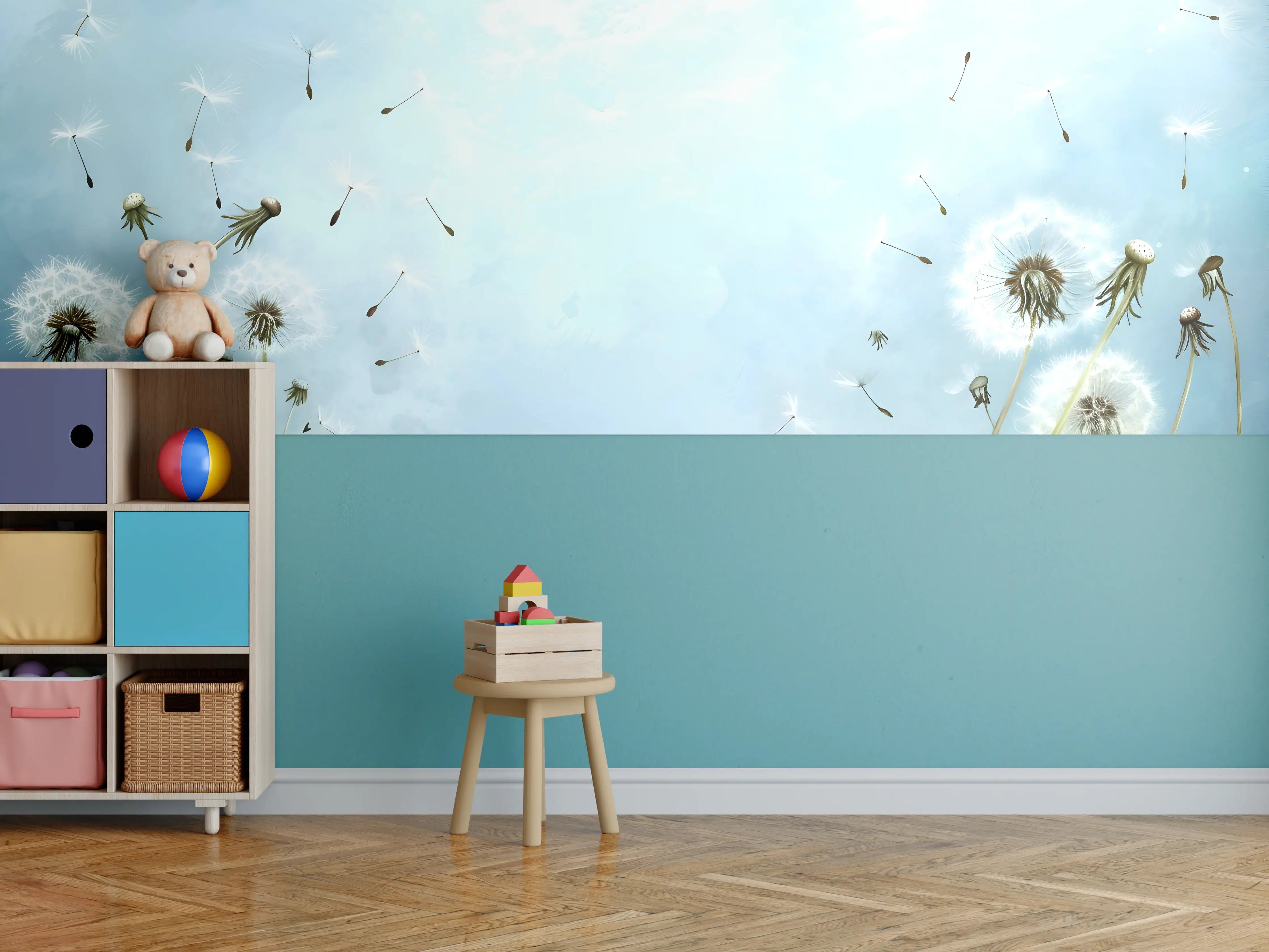 Kinderzimmer Wandgestaltung - Pusteblumen im blauen Himmel