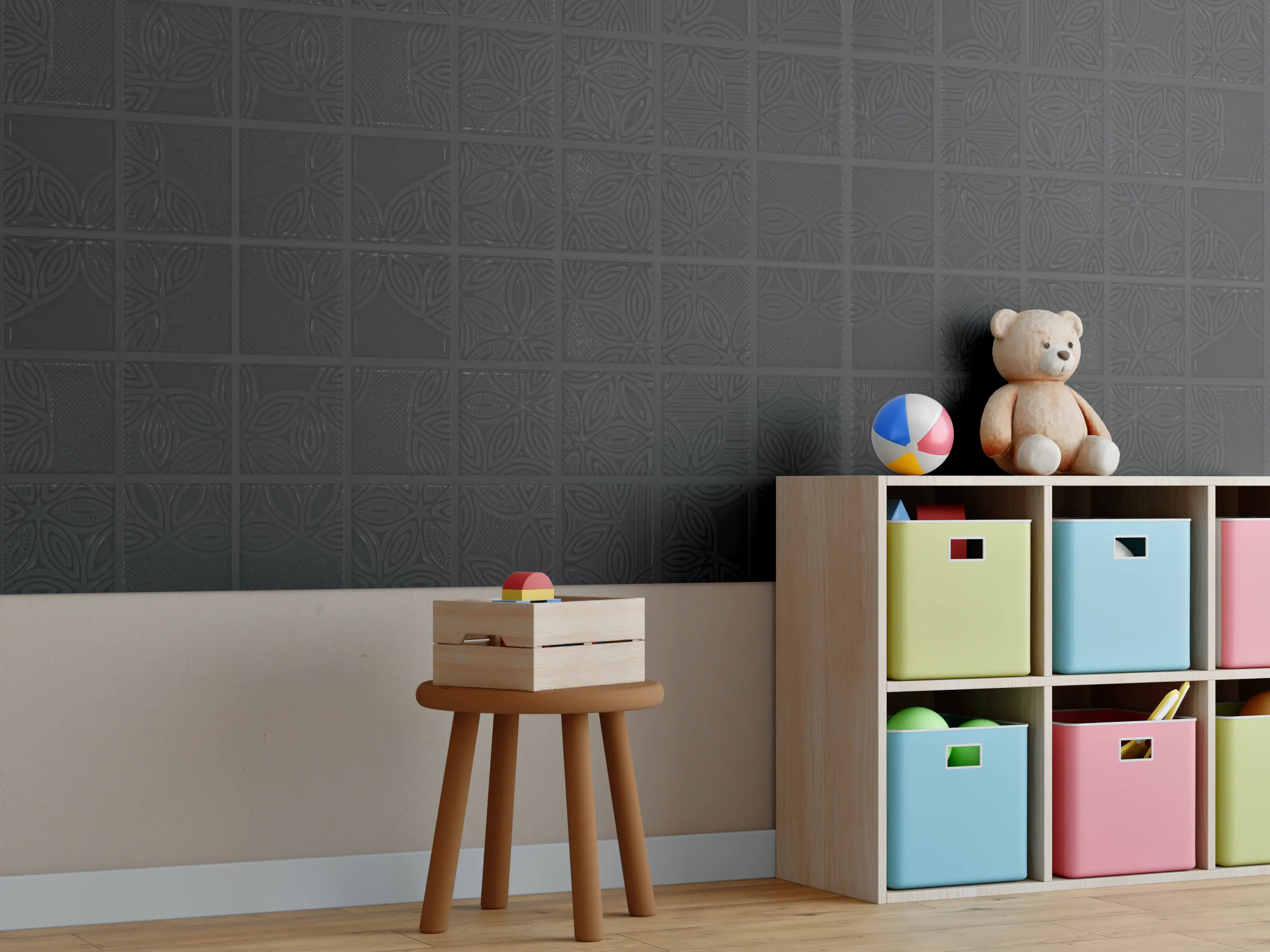 Kinderzimmer Wandgestaltung - Quadratische schwarze Fliesen