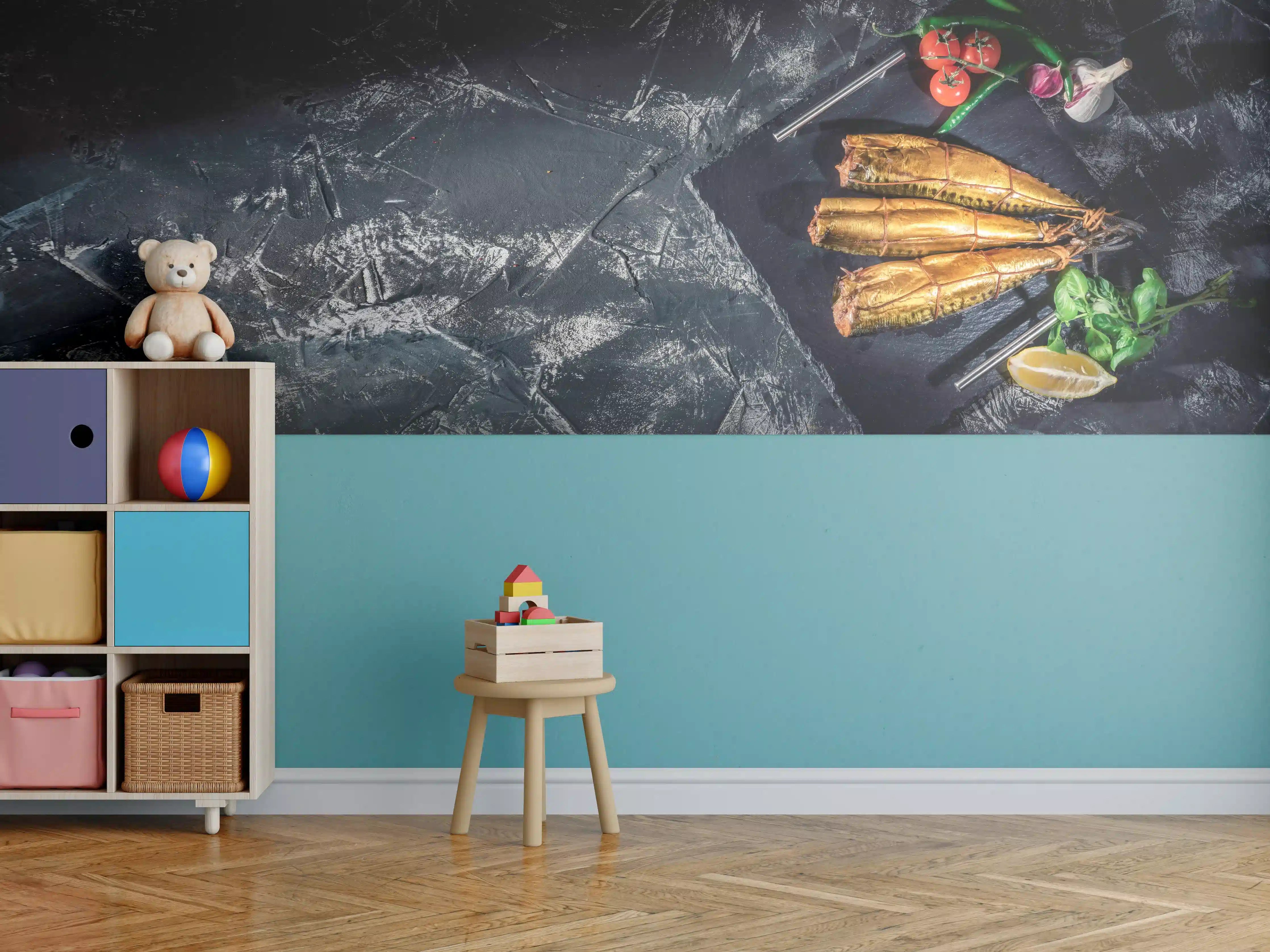Kinderzimmer Wandgestaltung - Räucherfisch auf dunklem Schiefer