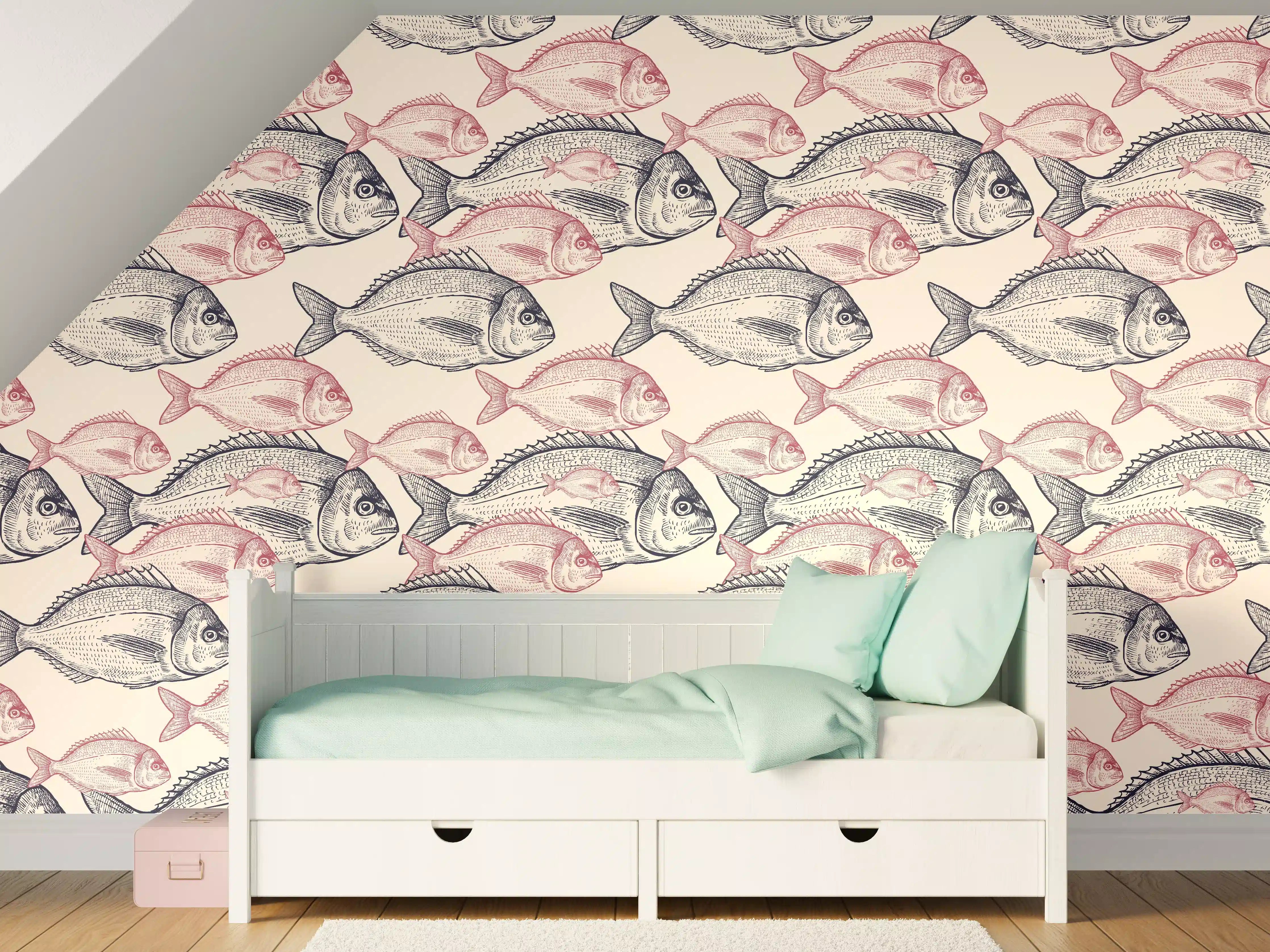 Kinderzimmer Wandgestaltung - Realistisches Fischmuster Rosa-Grau