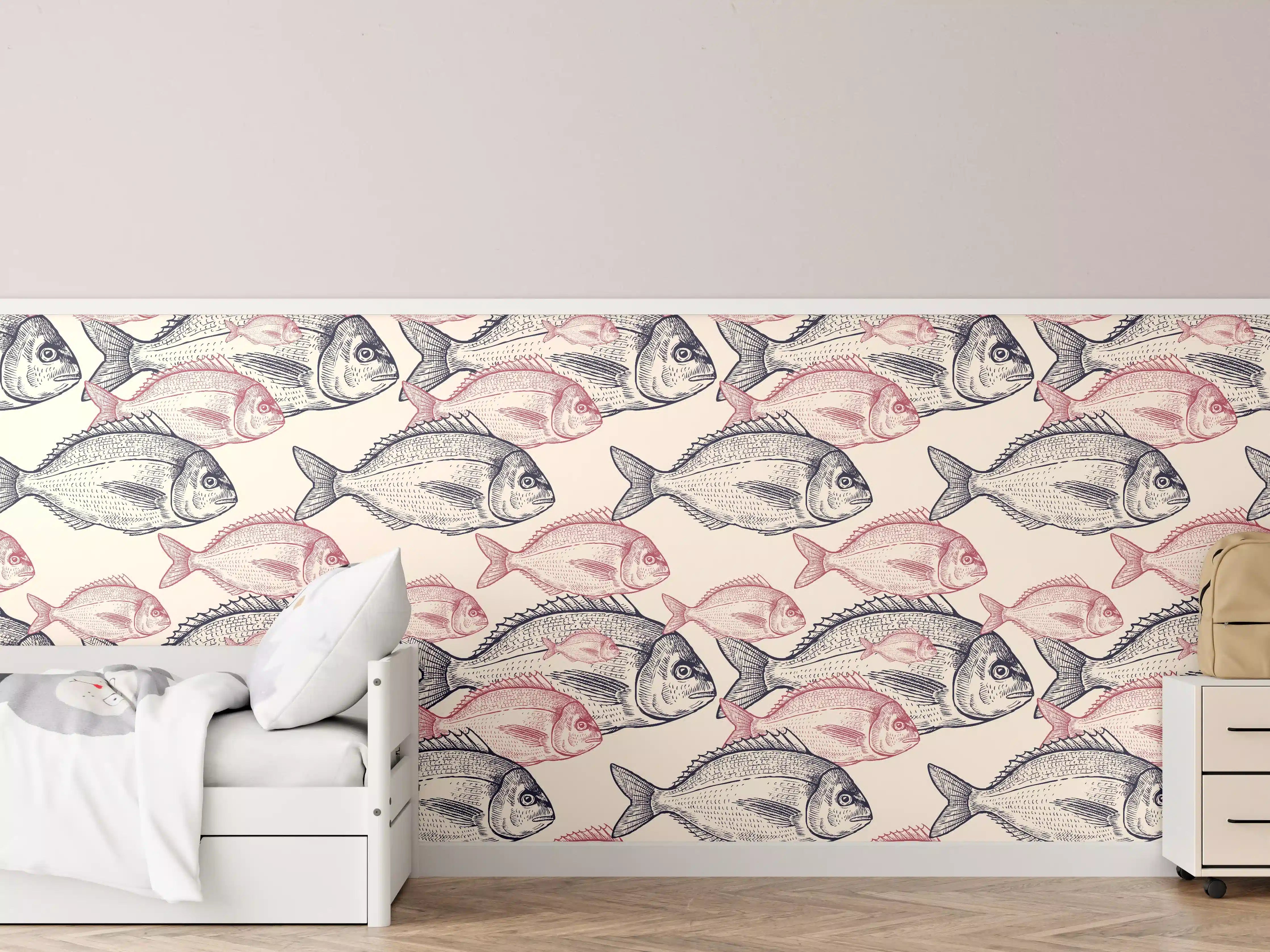 Kinderzimmer Wandgestaltung - Realistisches Fischmuster Rosa-Grau