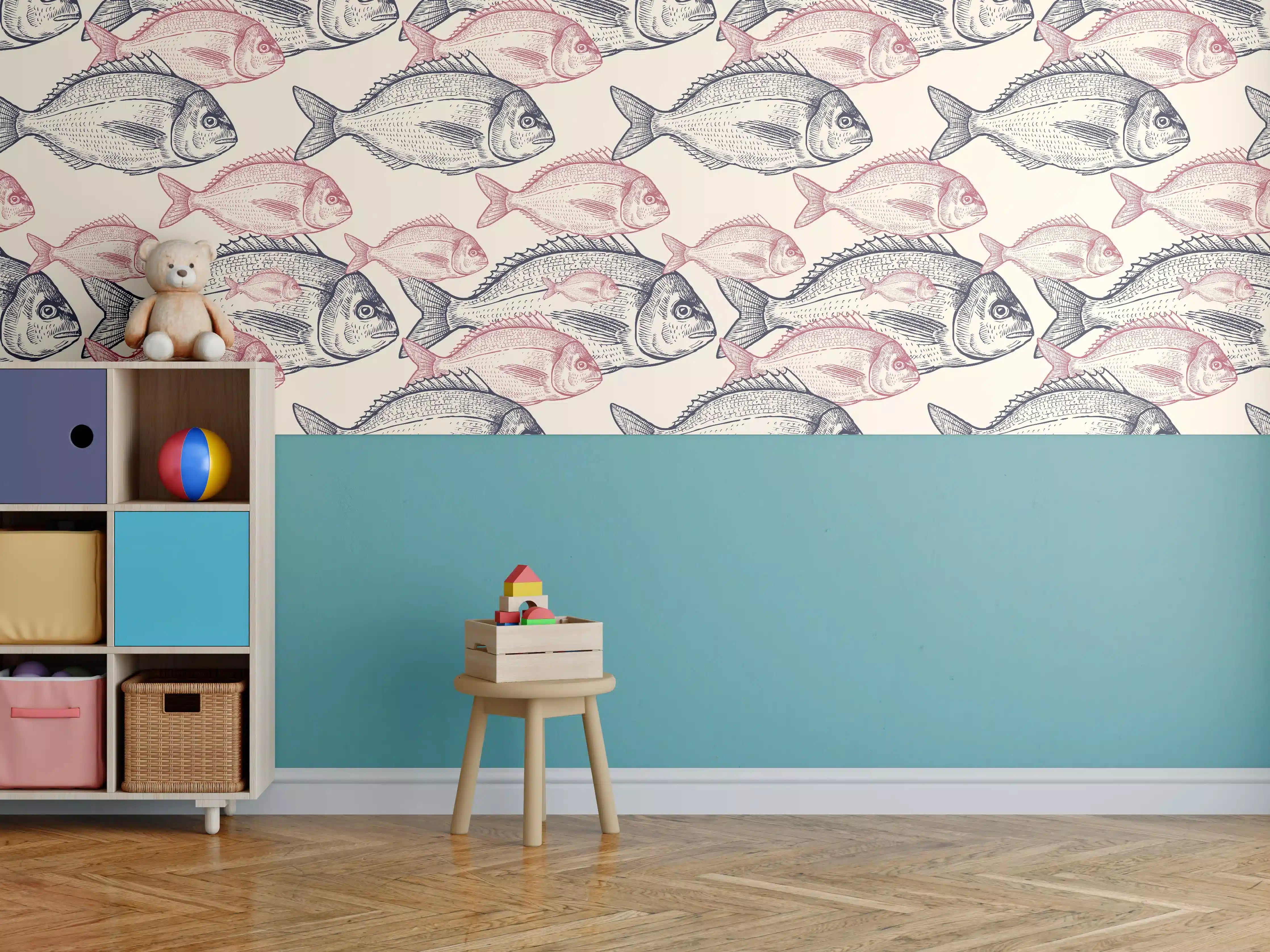 Kinderzimmer Wandgestaltung - Realistisches Fischmuster Rosa-Grau