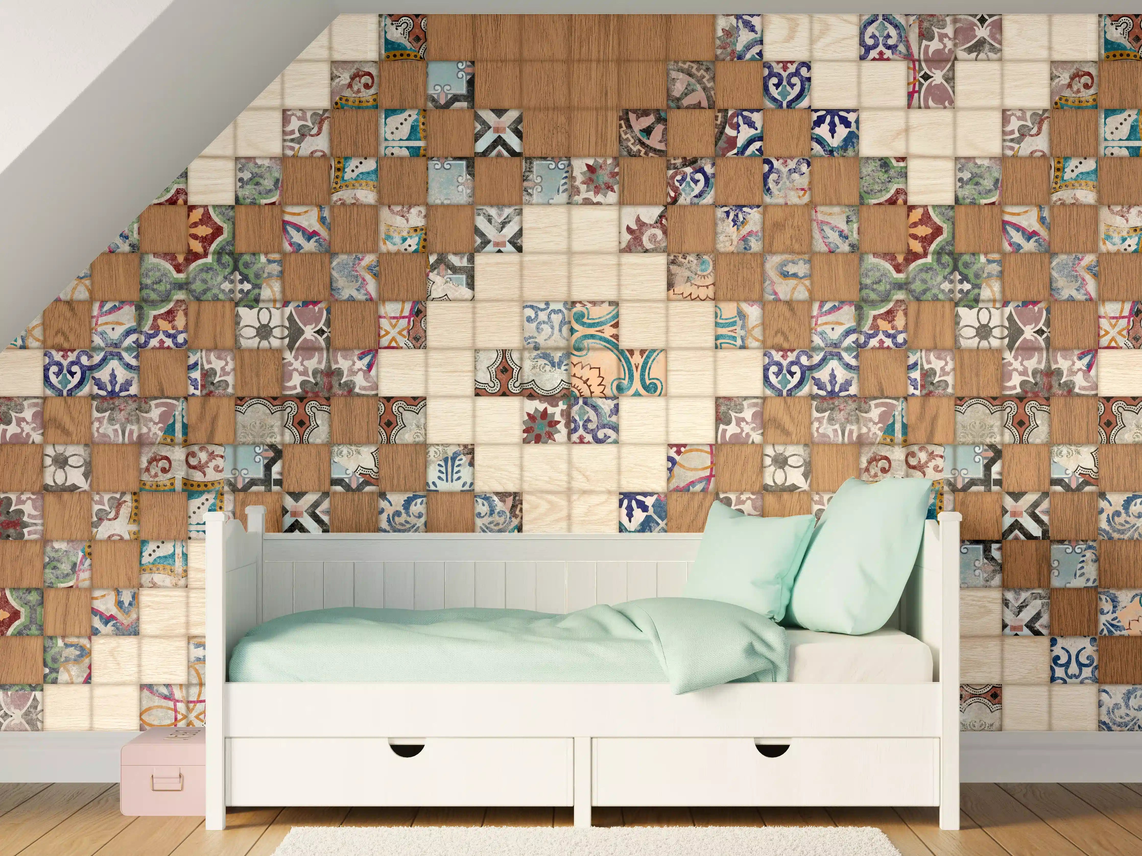 Kinderzimmer Wandgestaltung - Retro Mosaik Holztextur