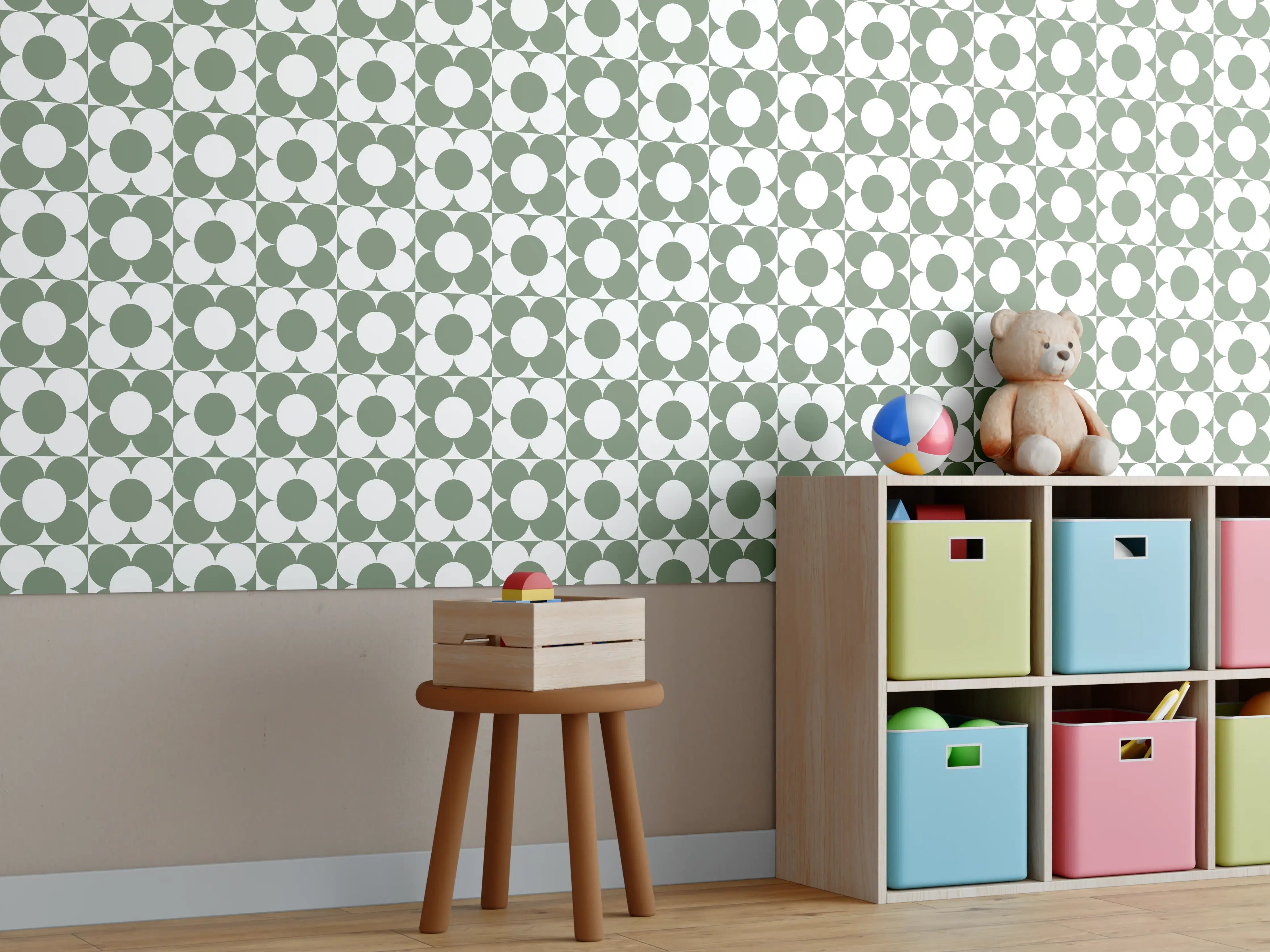 Kinderzimmer Wandgestaltung - Retro Primavera Oliva mit subtilen Graunuancen