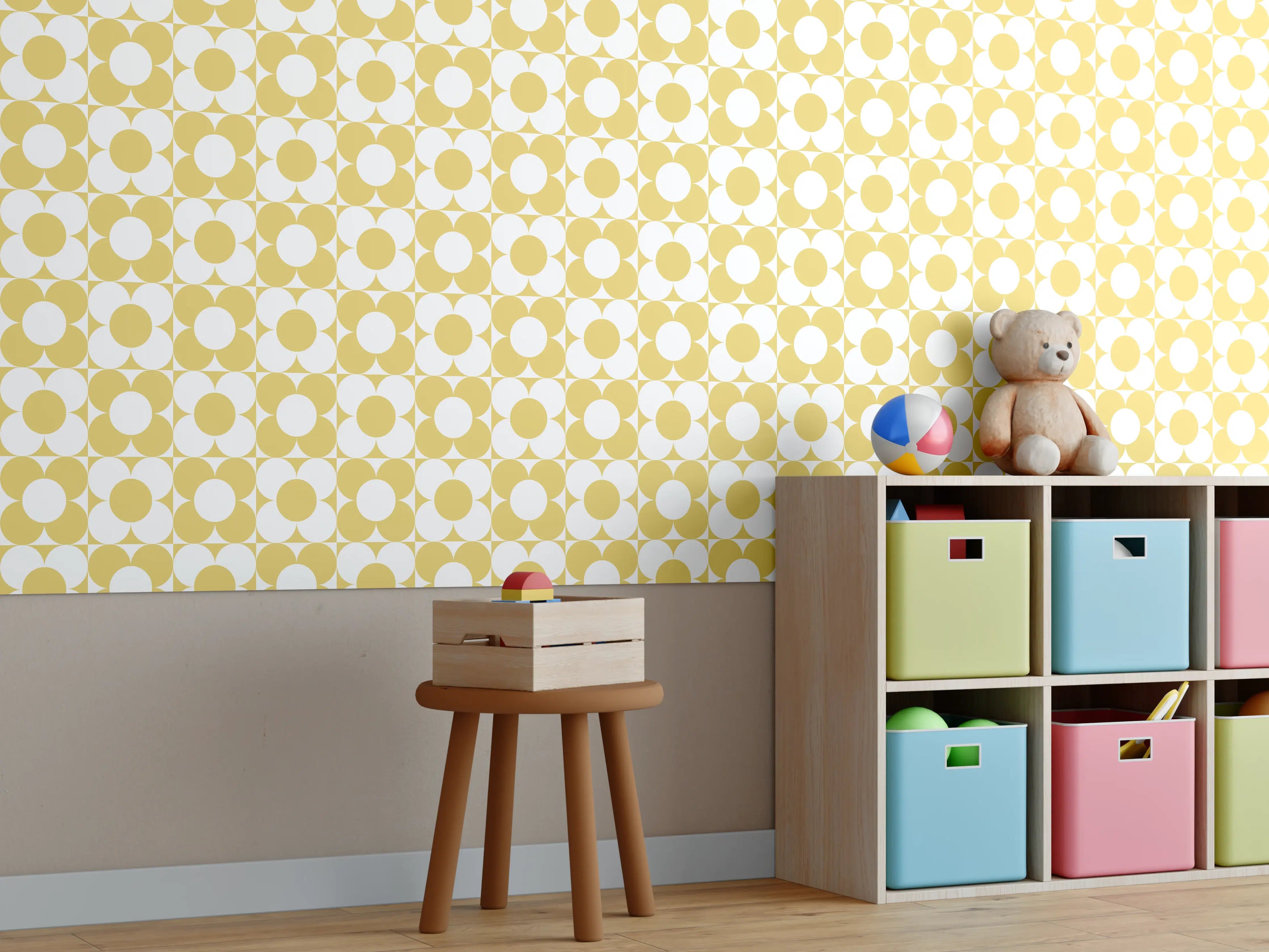 Kinderzimmer Wandgestaltung - Retro Primavera Oro mit zarten Grautönen