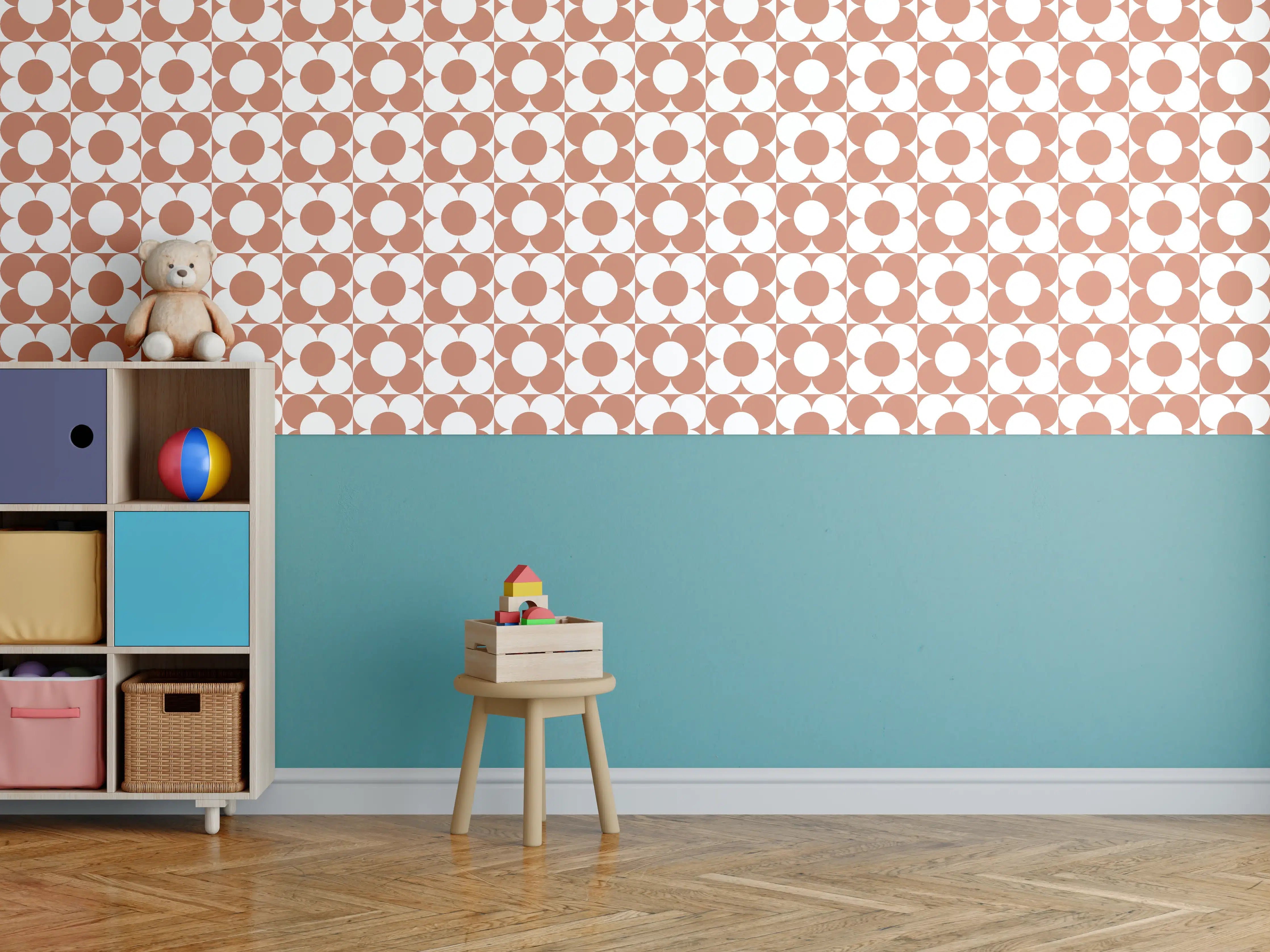 Kinderzimmer Wandgestaltung - Retro Primavera in Terracotta mit Graunuancen