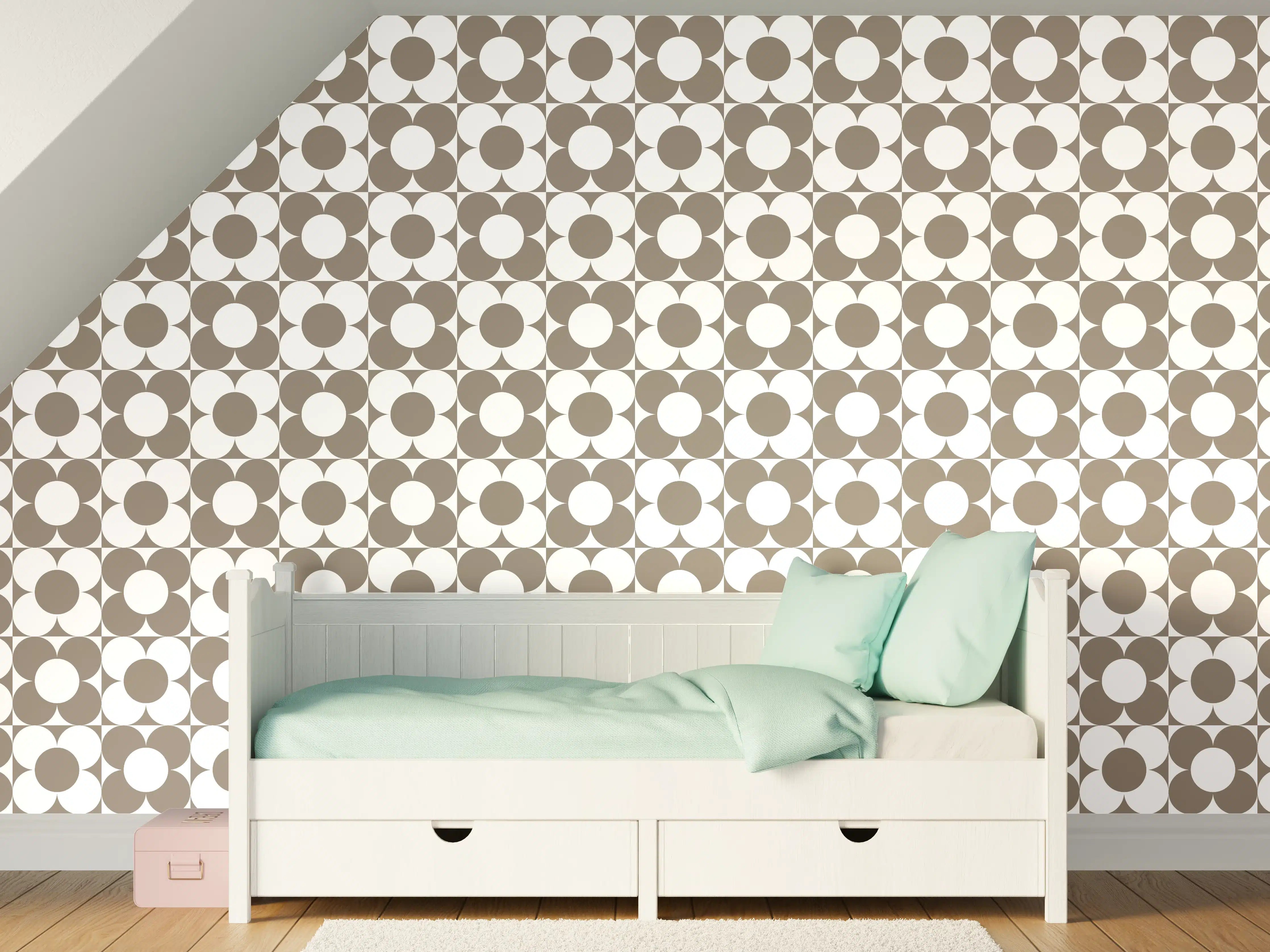 Kinderzimmer Wandgestaltung - Retro Primaverà in zartem Grau-Türkis-Ton