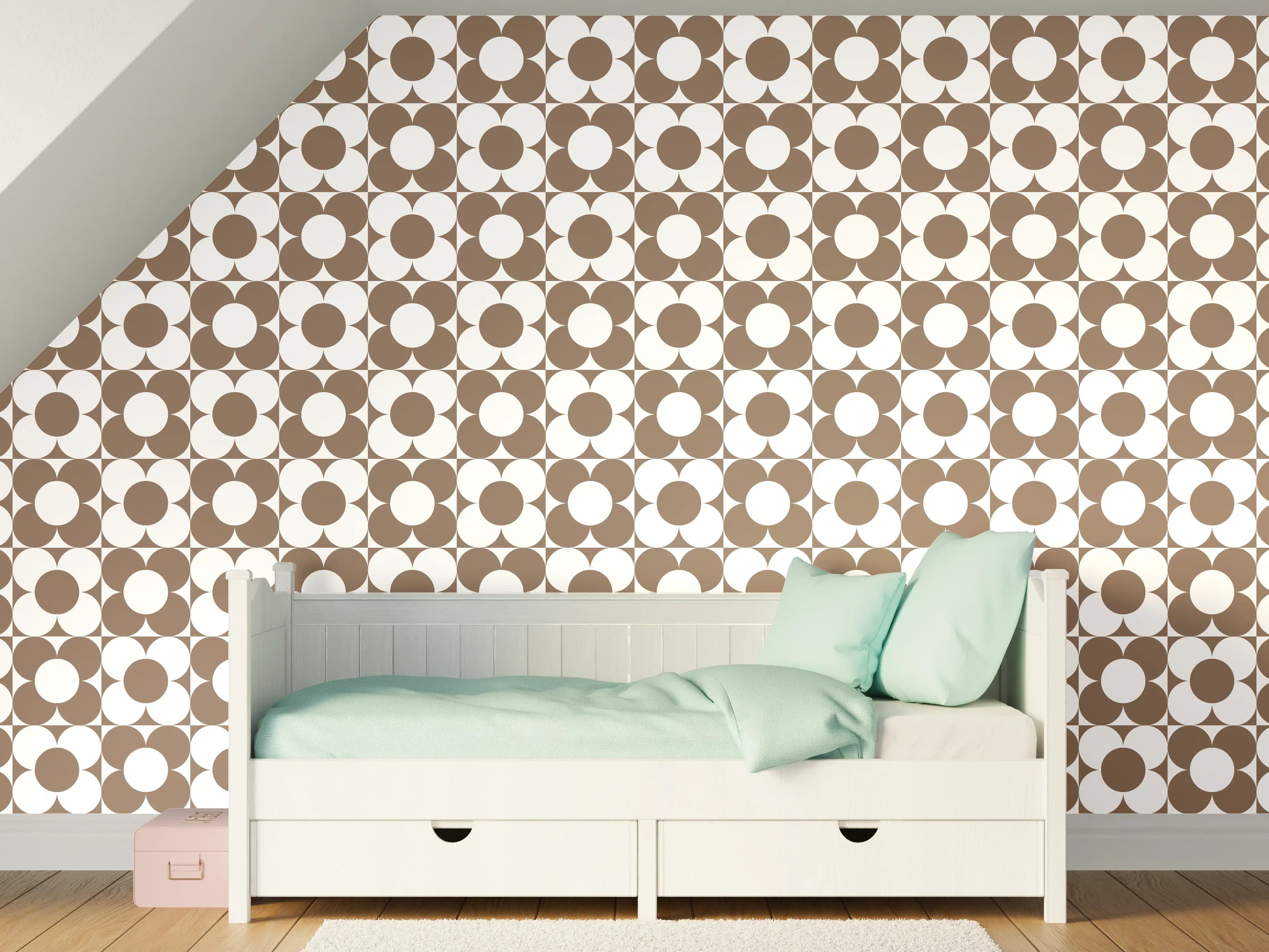 Kinderzimmer Wandgestaltung - Retro Primavera mit zarten Grautönen auf Weiß