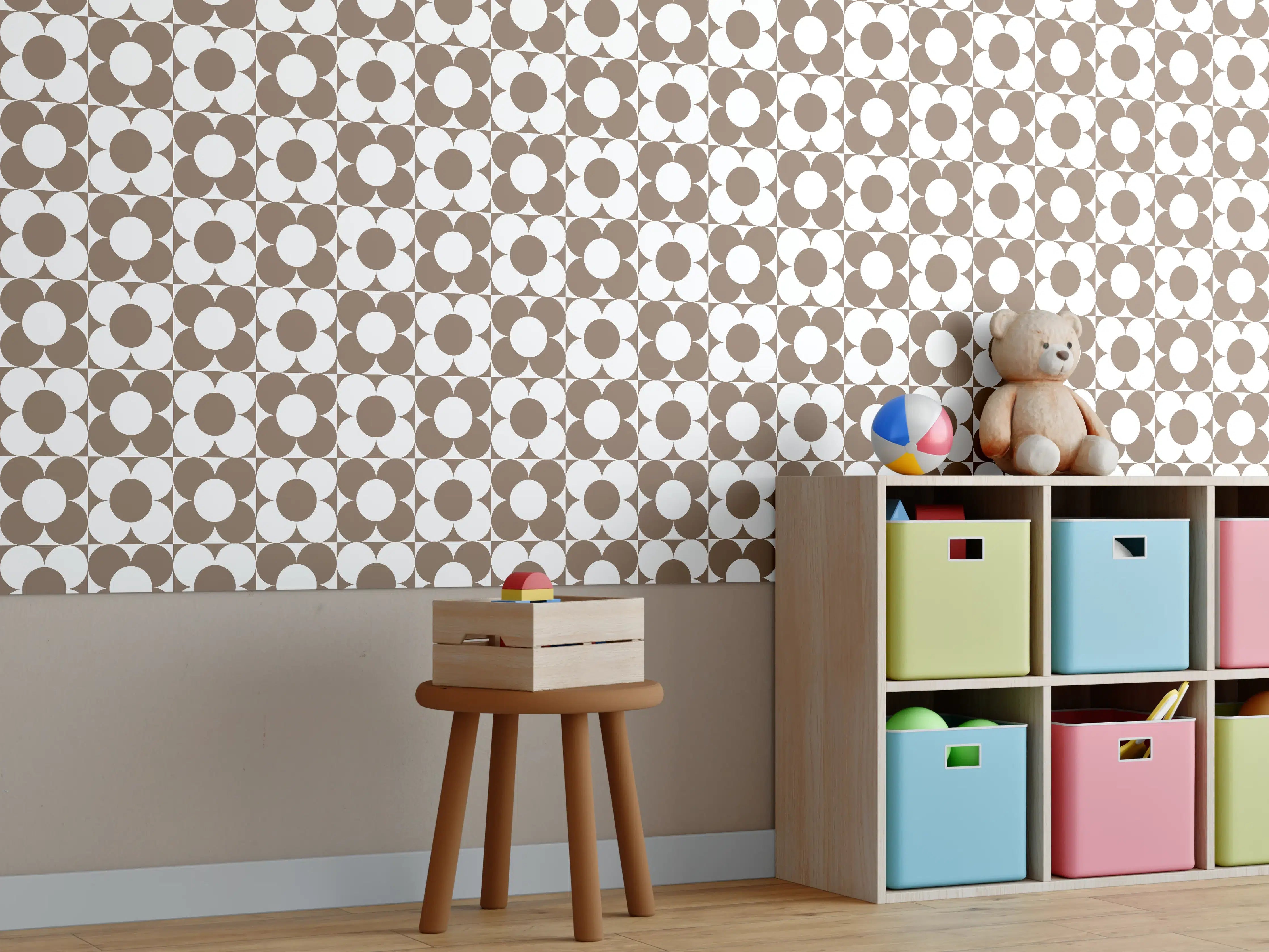 Kinderzimmer Wandgestaltung - Retro Primavera mit zarten Grautönen auf Weiß