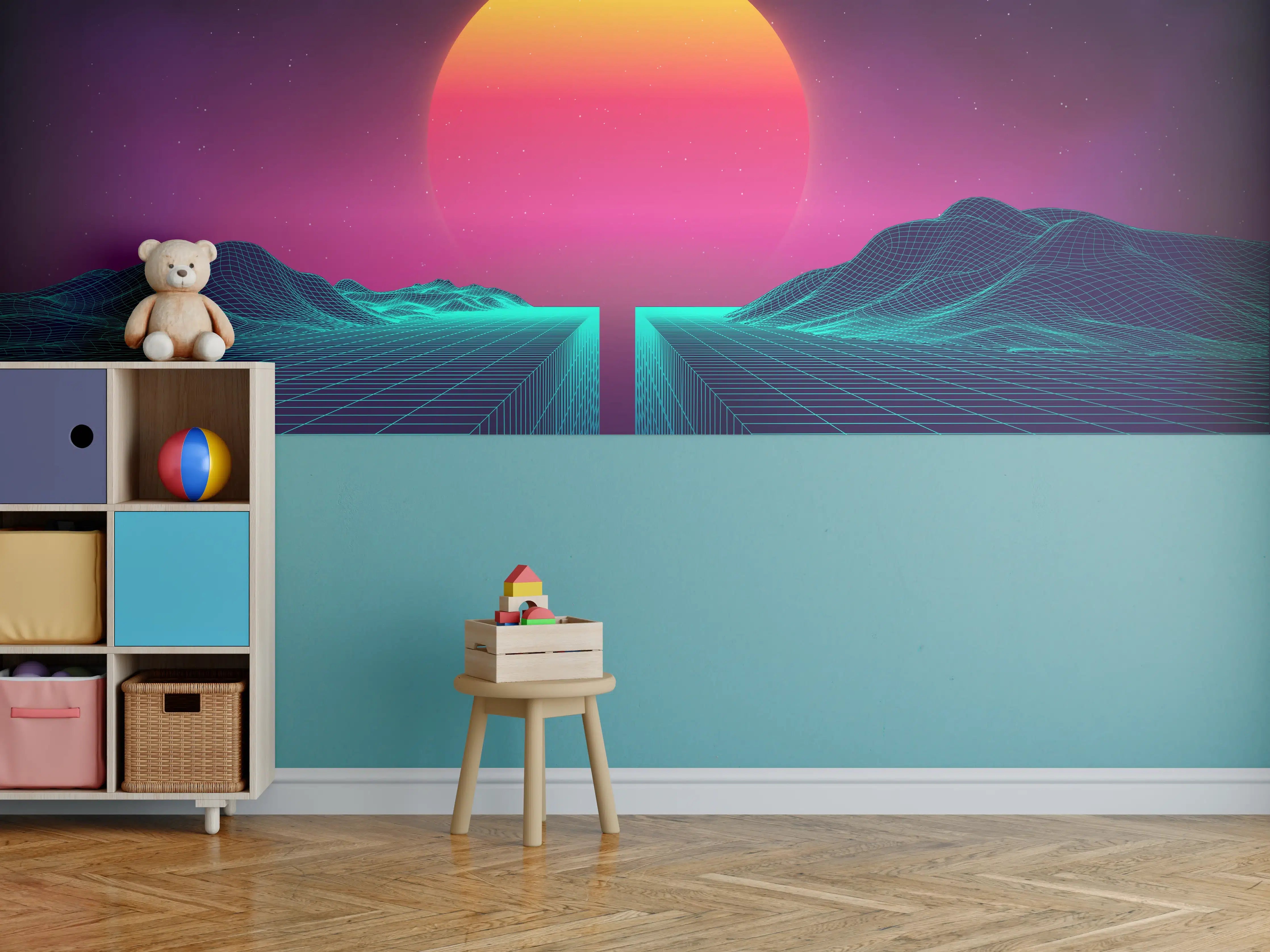 Kinderzimmer Wandgestaltung - Retro Sci-Fi Cyber-Landschaft