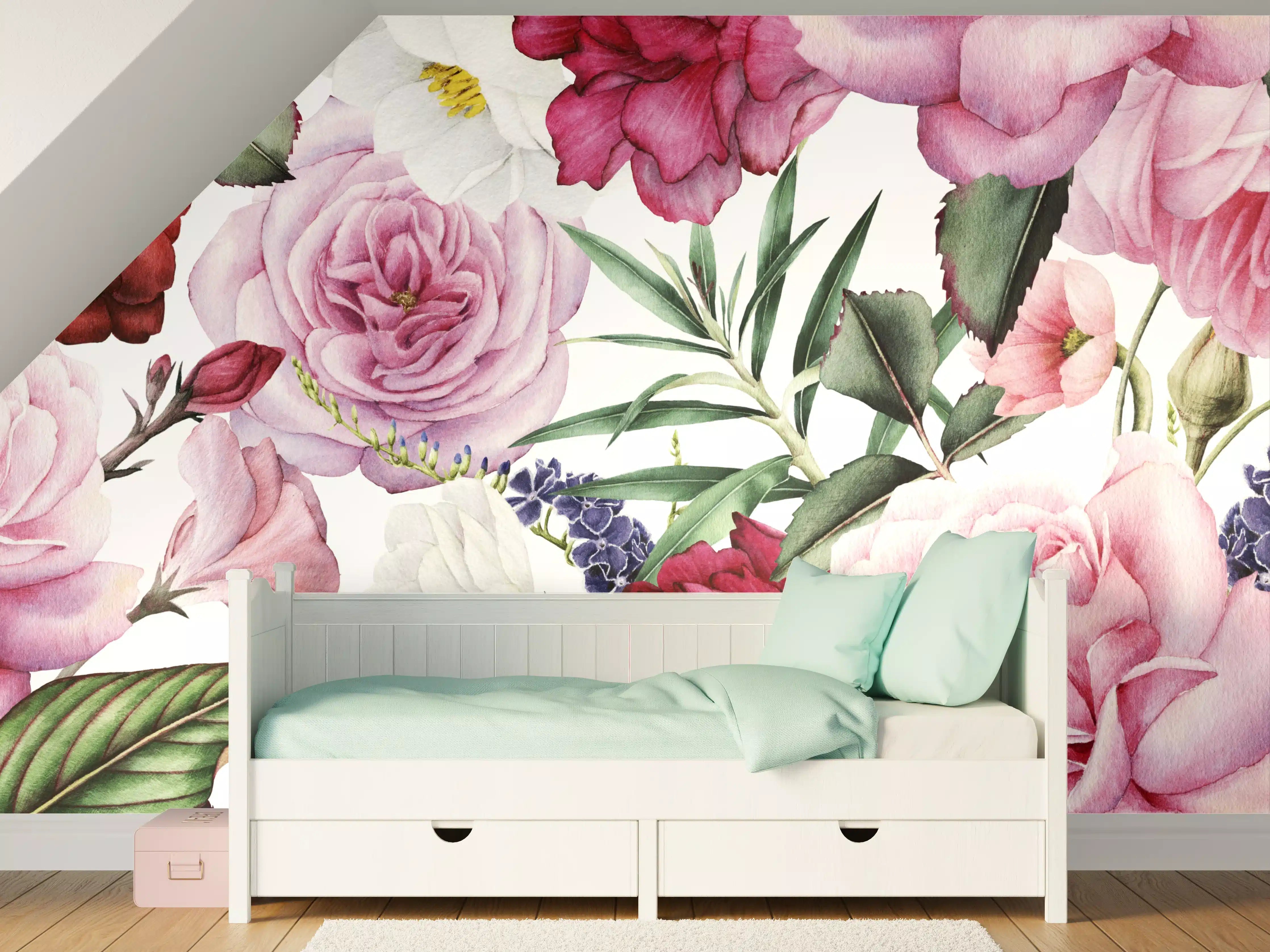 Kinderzimmer Wandgestaltung - Romantische Blumenpracht in Pink und Weiß