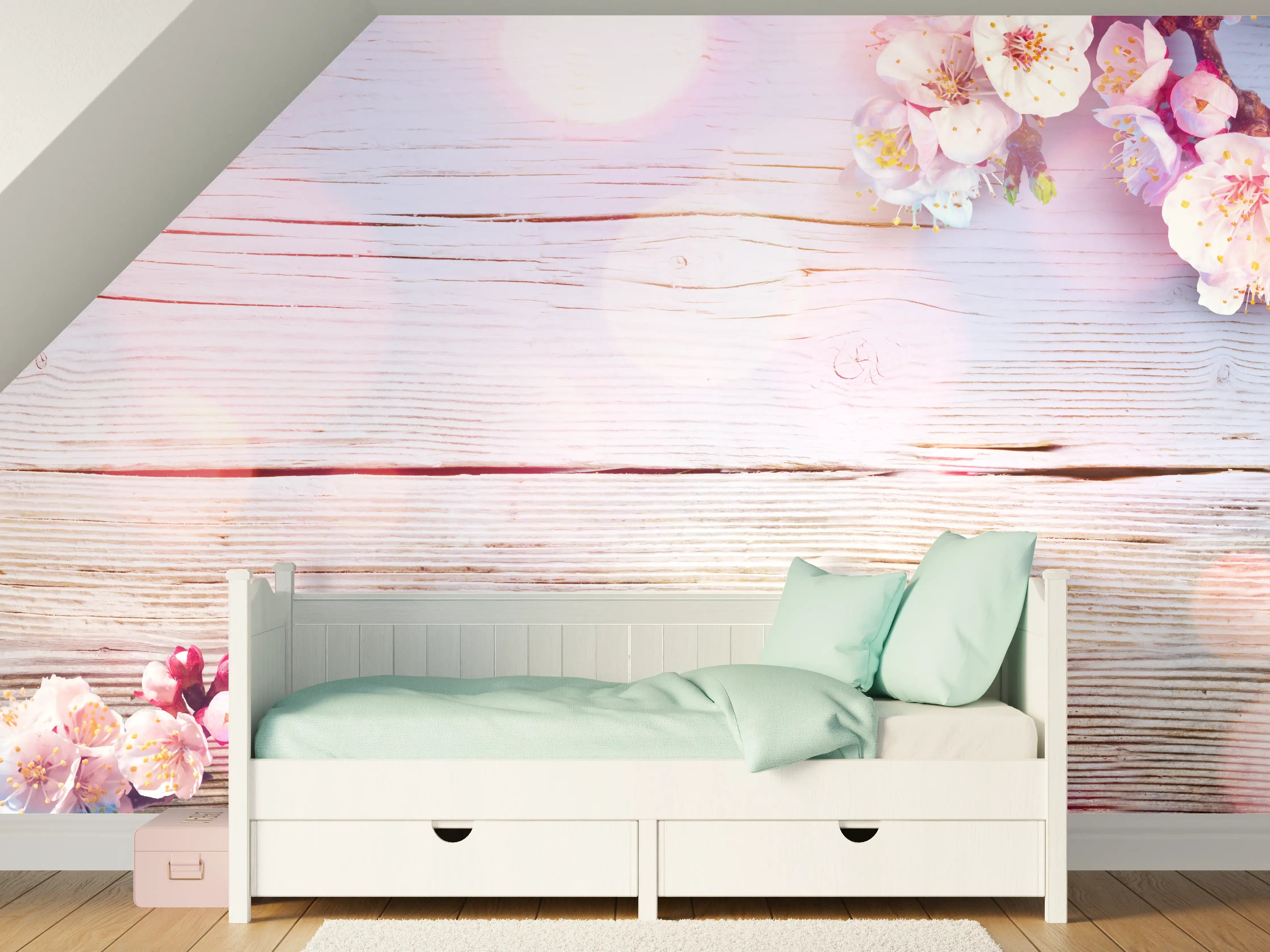 Kinderzimmer Wandgestaltung - Rosa Blüten auf Holzplatte