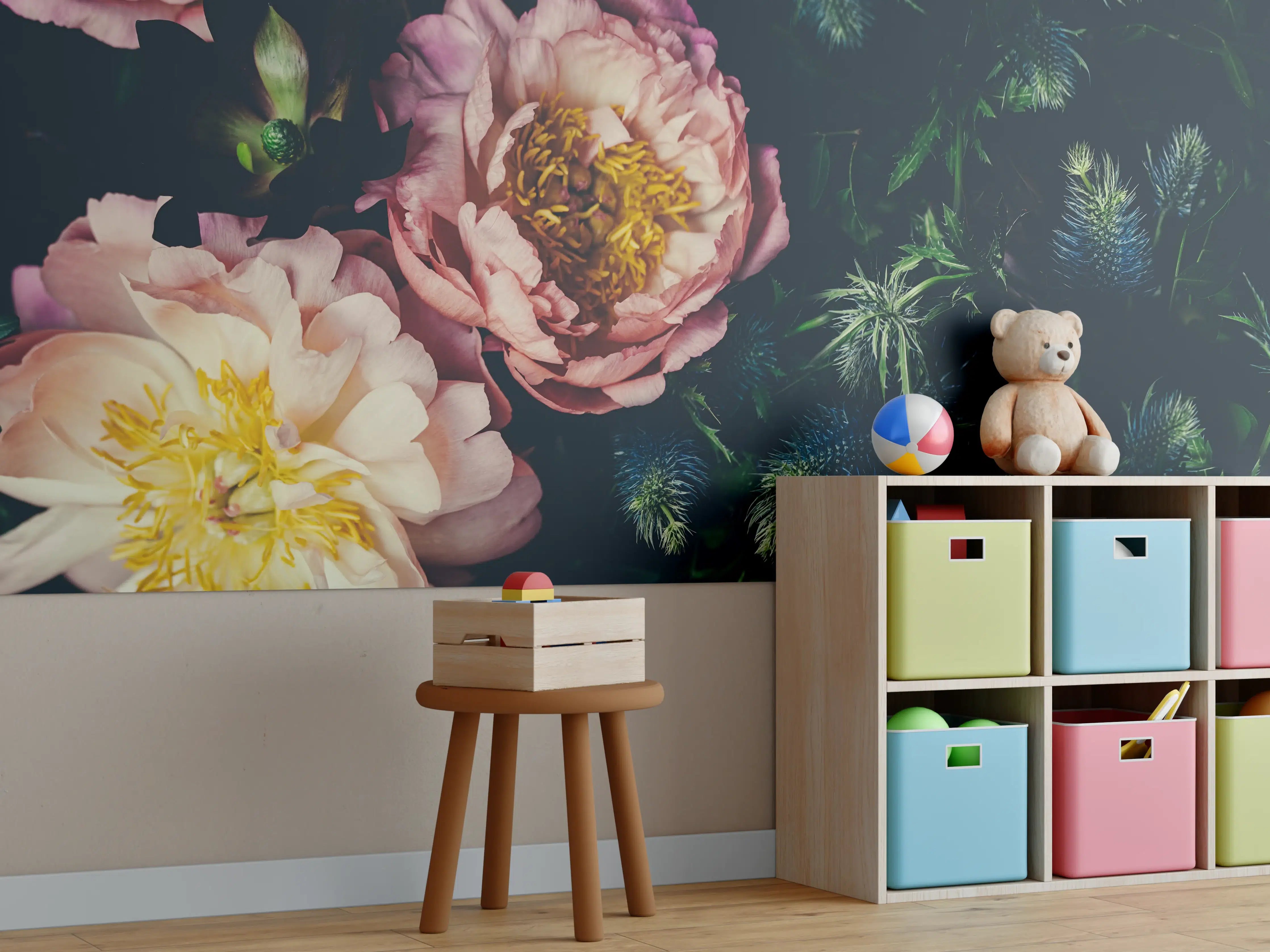 Kinderzimmer Wandgestaltung - Rosa Blüten auf einer Wiese