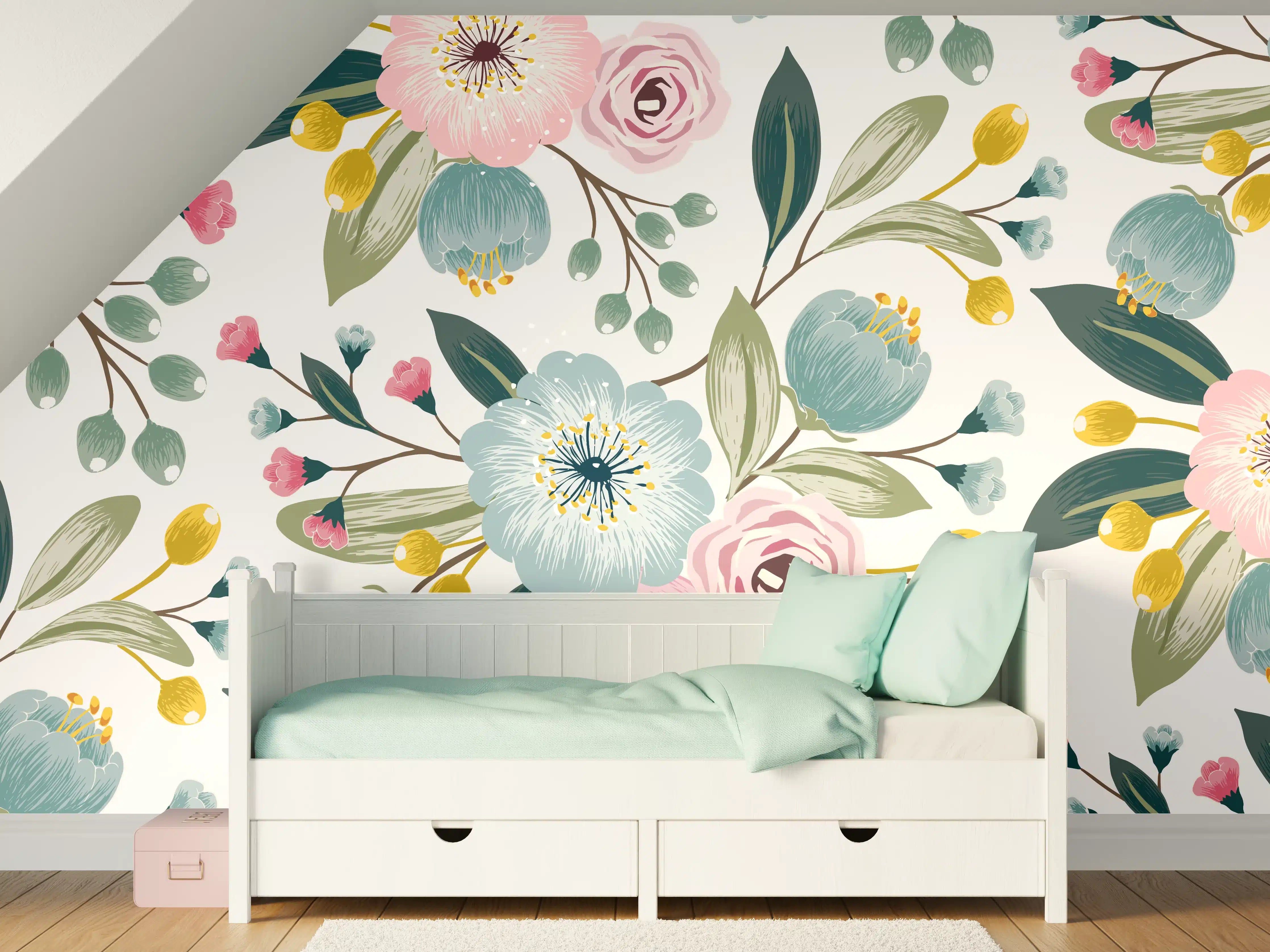 Kinderzimmer Wandgestaltung - Rosa Blumenmuster Tapete