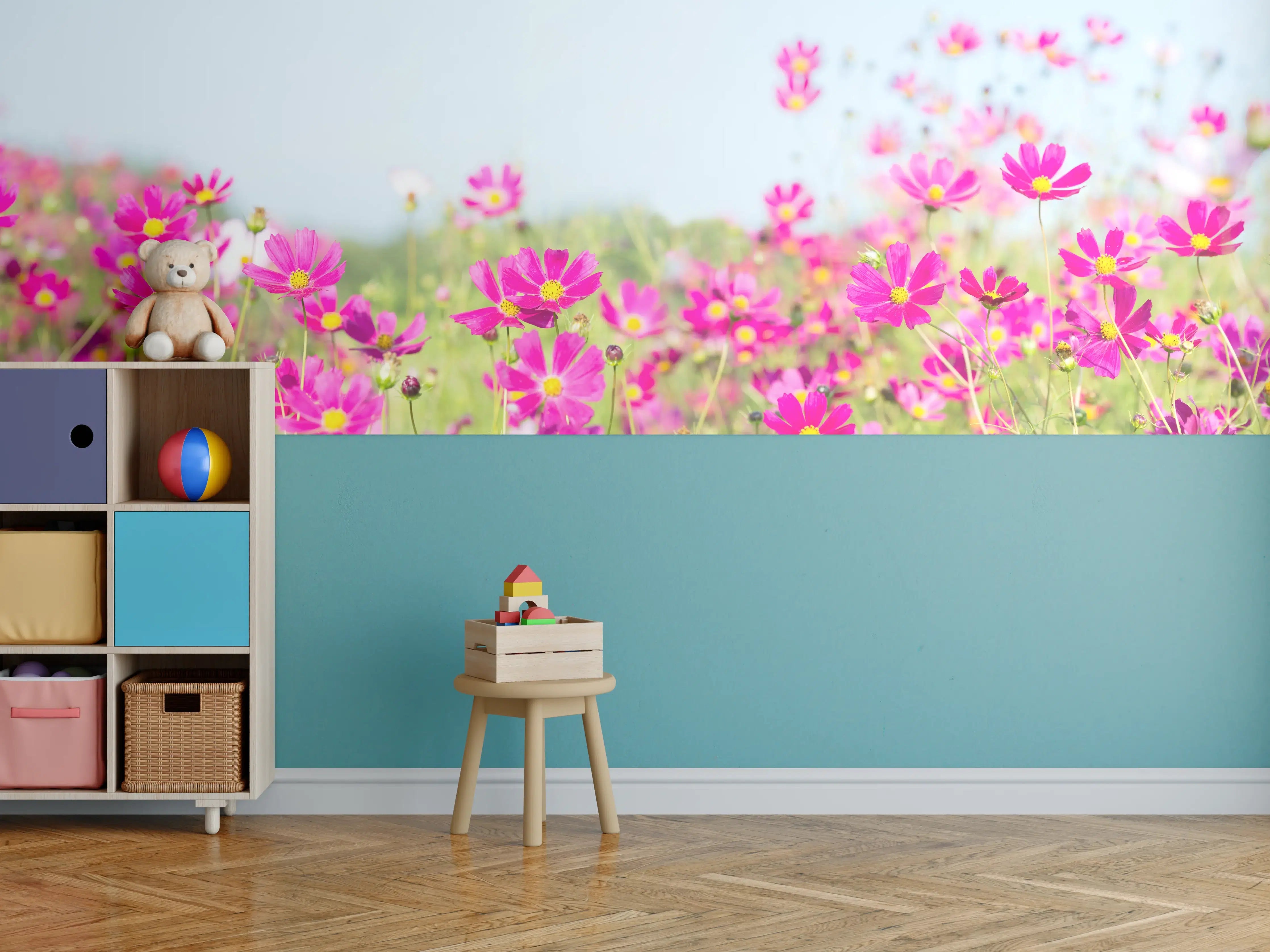 Kinderzimmer Wandgestaltung - Rosa Blumenwiese Panorama
